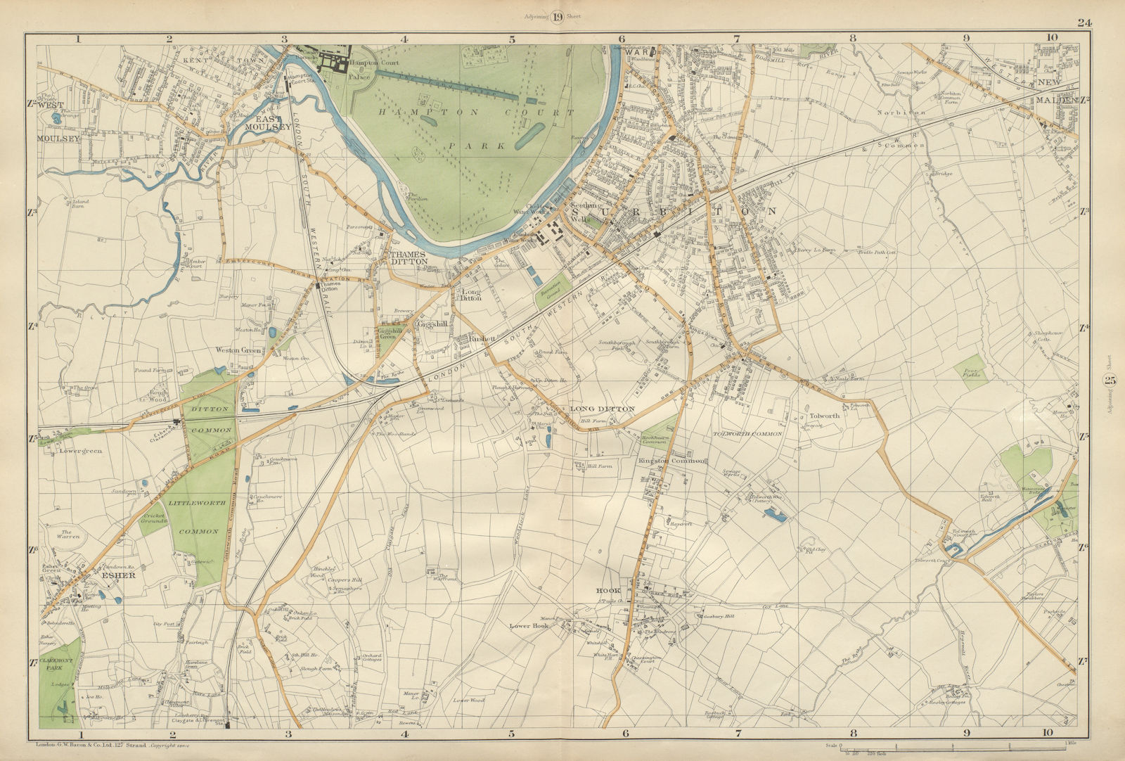 Associate Product SURBITON & ESHER Hampton Court East Molesey Thames Ditton Hook BACON 1900 map
