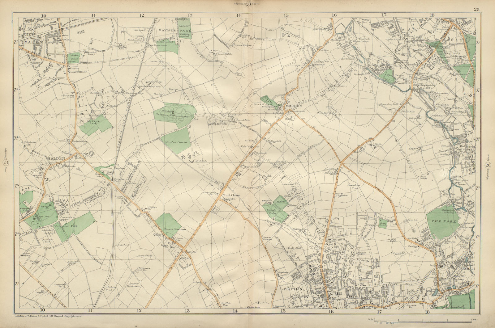 SUTTON Carshalton Morden New Malden Worcester Pk Mitcham Cheam BACON 1900 map