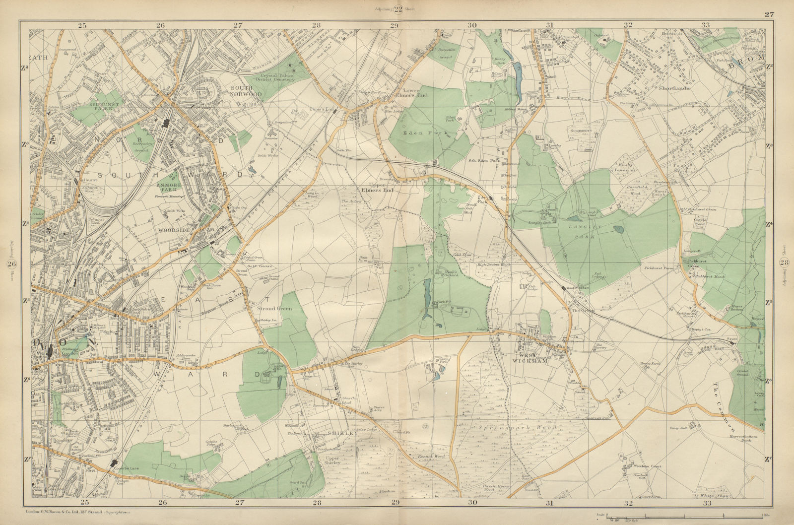 CROYDON Beckenham Woodside W Wickham Elmers End Norwood Hayes BACON 1900 map