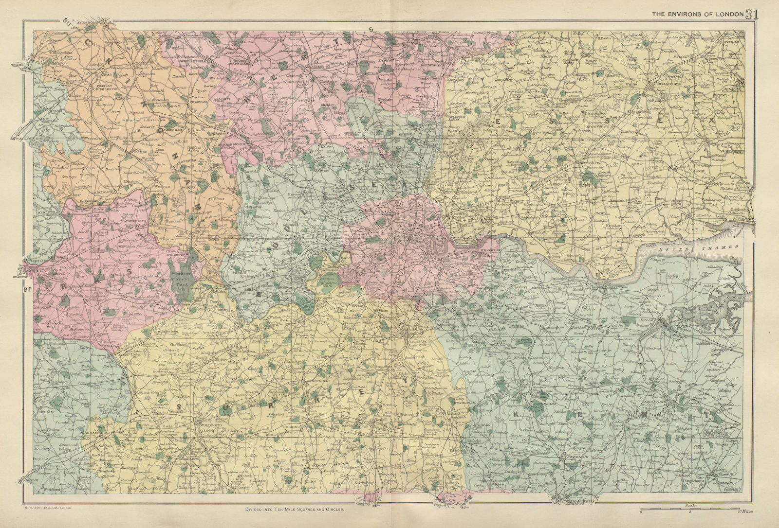 LONDON & HOME COUNTIES Middx Essex Kent Surrey Berks Bucks Herts BACON 1900 map
