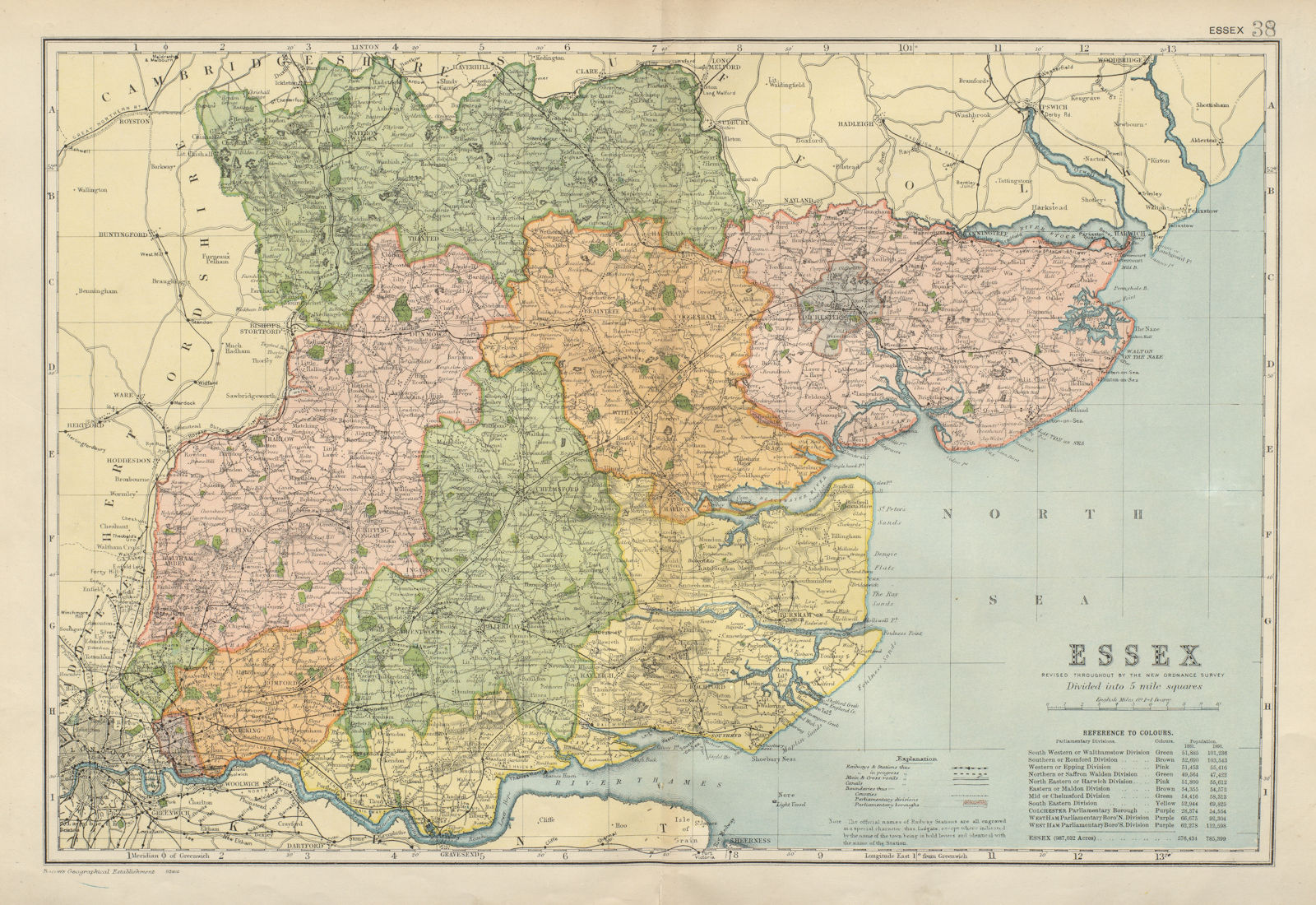 Associate Product ESSEX. County map. Parliamentary constituencies divisions. Railways. BACON 1900