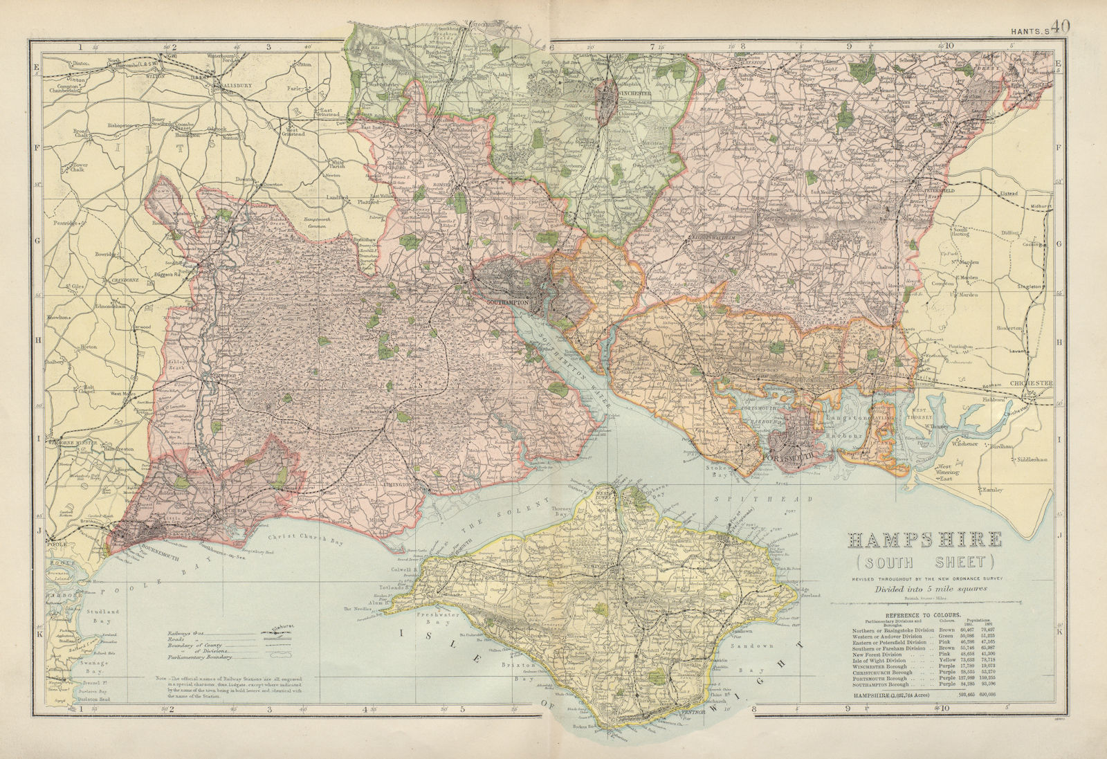 HAMPSHIRE SOUTH. Isle of Wight. Parliamentary  boroughs.Railways.BACON 1900 map