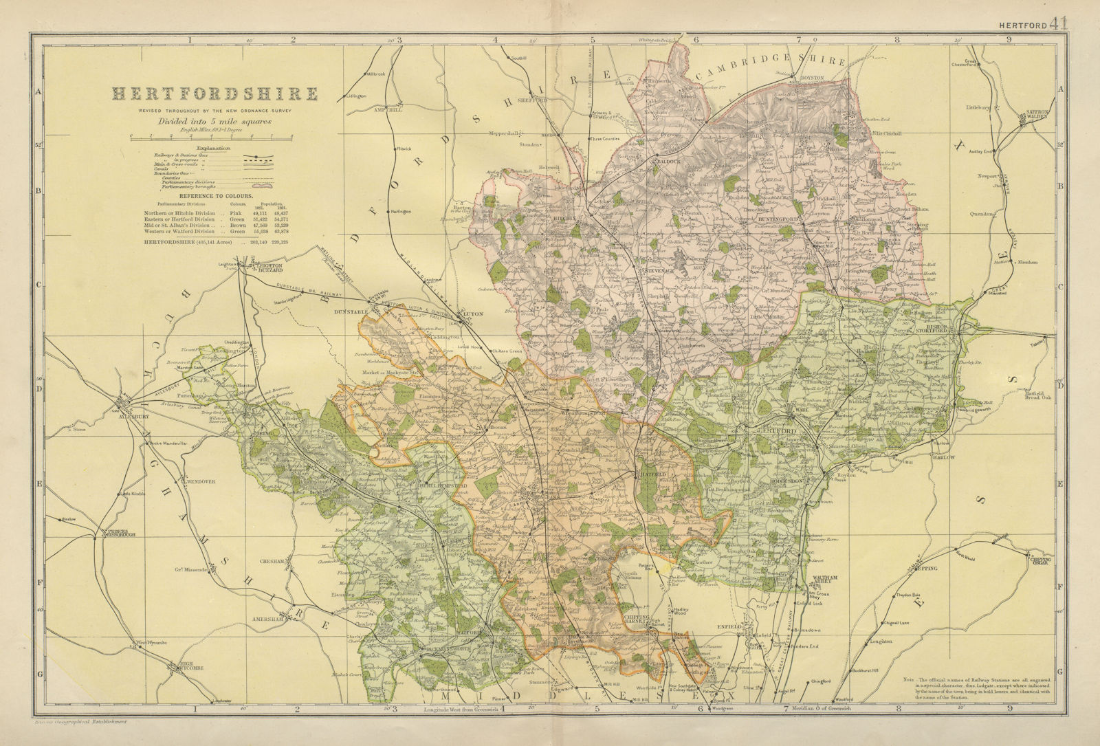 Associate Product HERTFORDSHIRE. County map. Parliamentary constituencies. Railways. BACON 1900