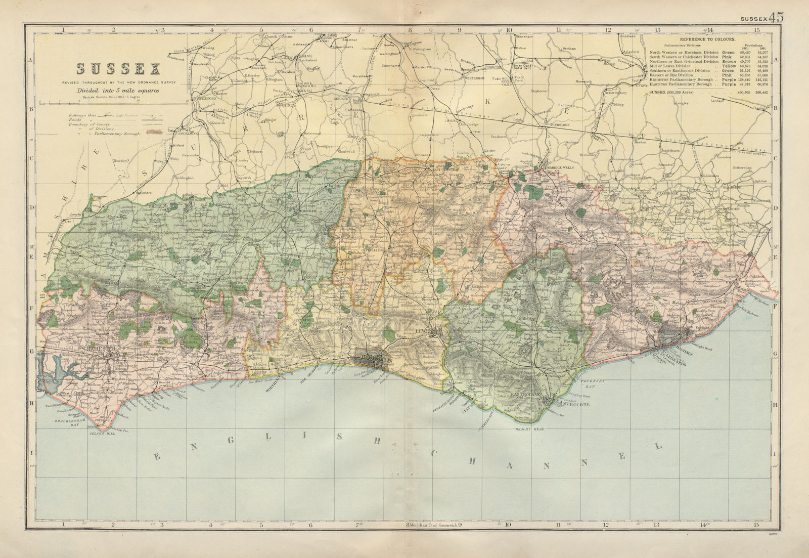 SUSSEX. County map. Parliamentary constituencies divisions. Railways. BACON 1900
