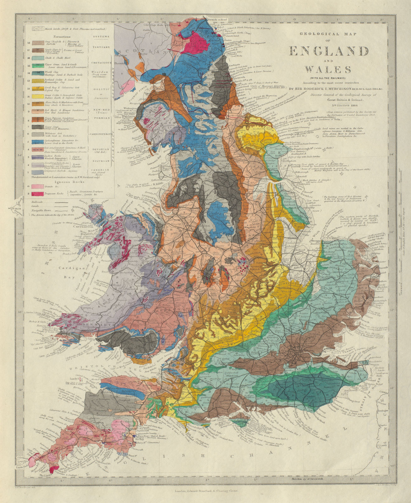 ENGLAND & WALES Geological Map. Original hand colour. Depositary rocks SDUK 1874
