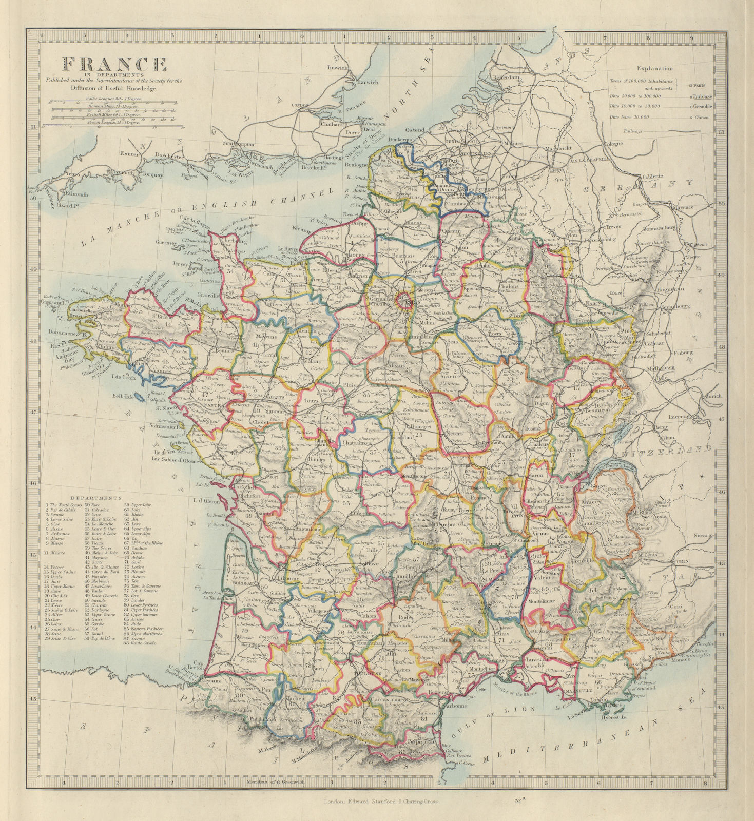 Associate Product FRANCE IN DEPARTMENTS. Railways. w/o Alsace Lorraine. SDUK 1874 old map