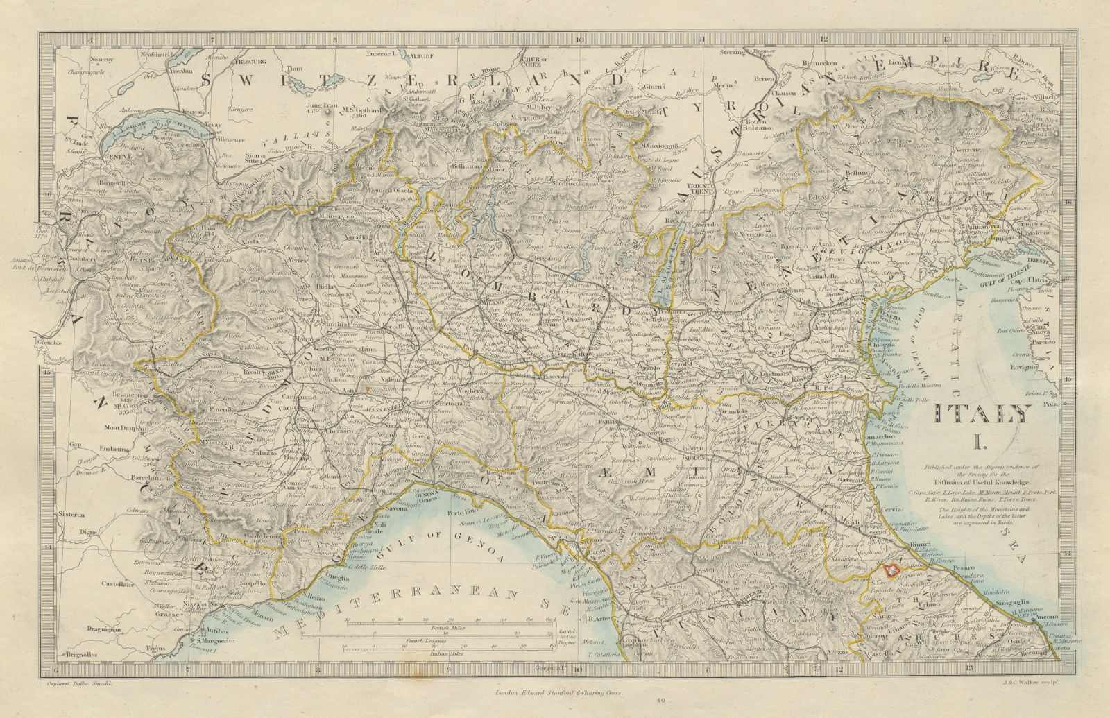 ITALY Piedmont Lombardy Venetia Emilia Genoa Tuscany SDUK 1874 old antique map