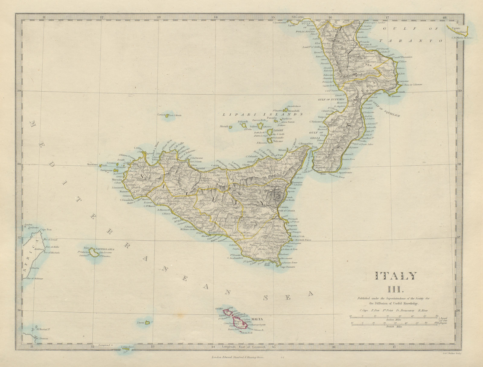 SICILY & CALABRIA. Sicily Malta Gozo Aeolian Islands. SDUK 1874 old map