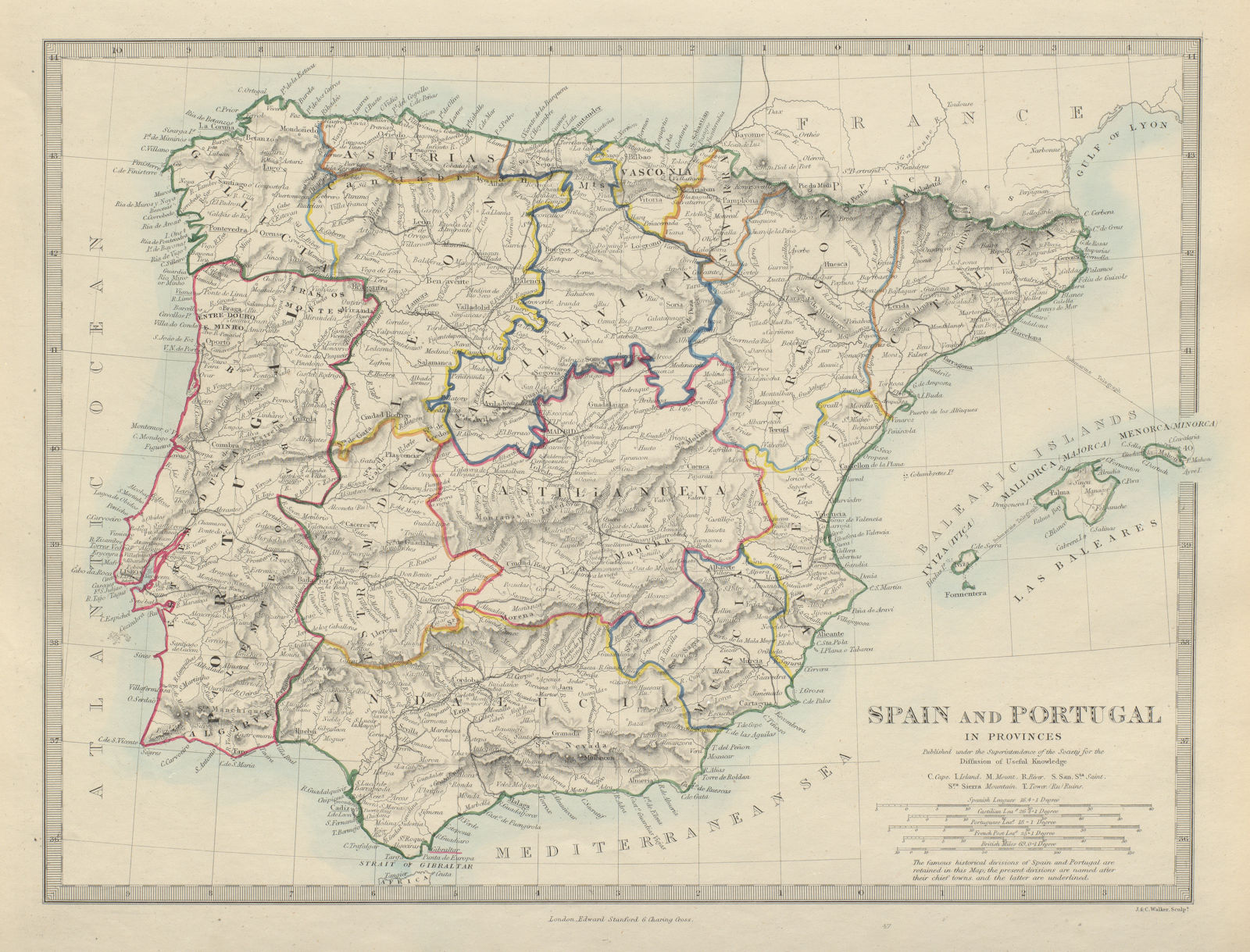 IBERIA. Spain and Portugal showing provinces. SDUK 1874 old antique map chart