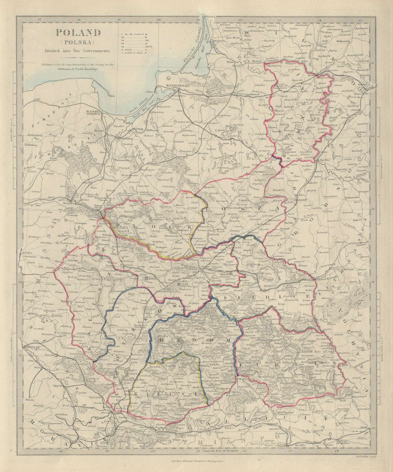 POLAND POLSKA Governments. Warsaw Radom Plock Lomza Lublin. SDUK 1874 old map