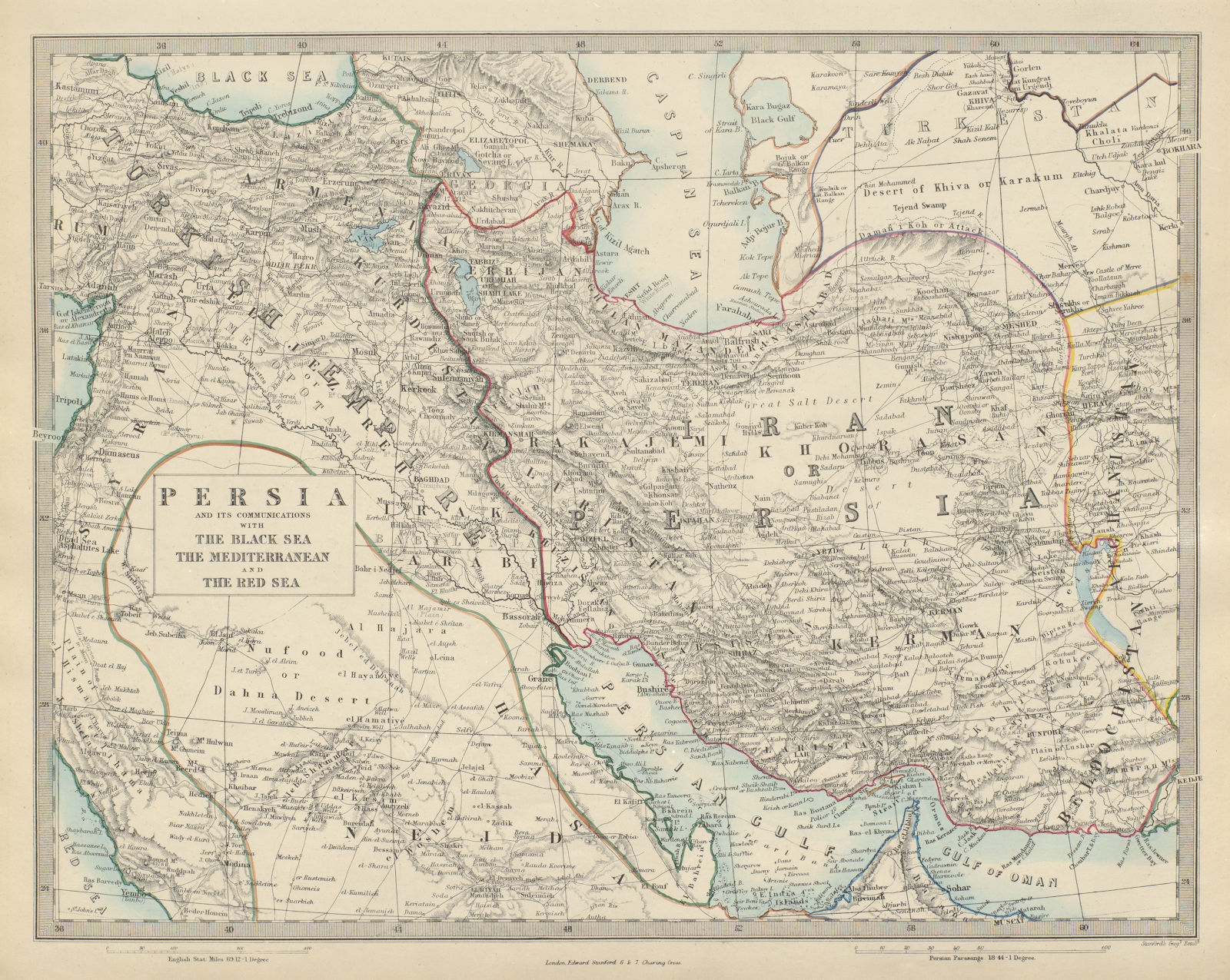 PERSIA with Black Mediterranean Red Sea communications. Iran Iraq. SDUK 1874 map