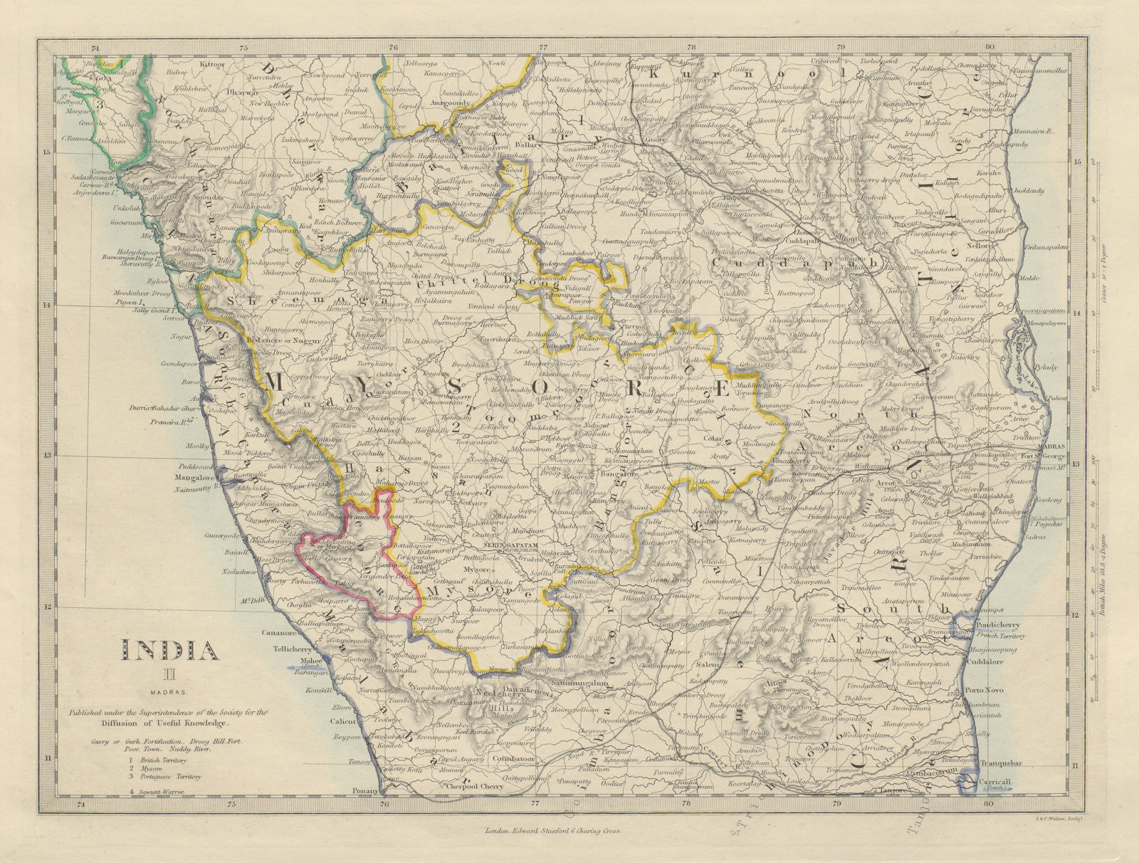 INDIA SOUTH Mysore & Carnatic/Karnataka.Coorg Canara Malabar. SDUK 1874 map