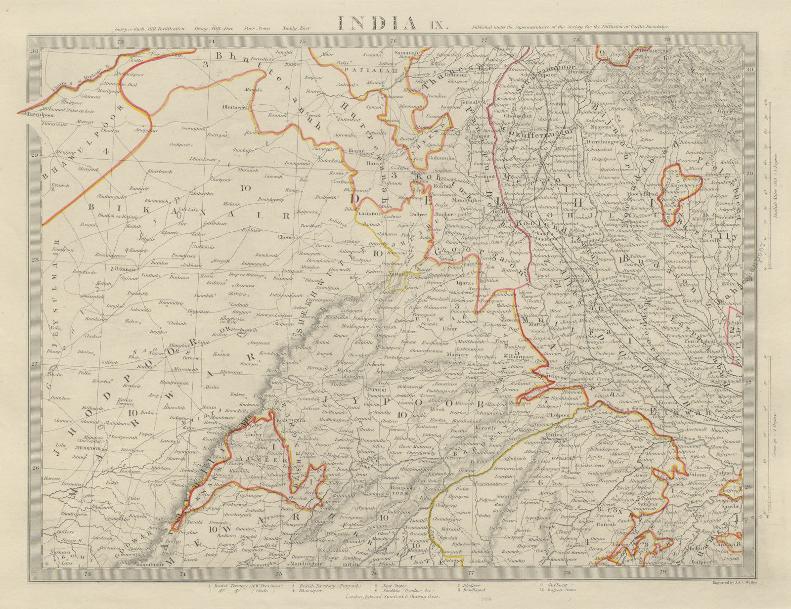 RAJASTHAN DELHI Madhya/Uttar Pradesh. India Jaipur Marwar Bikaner SDUK 1874 map
