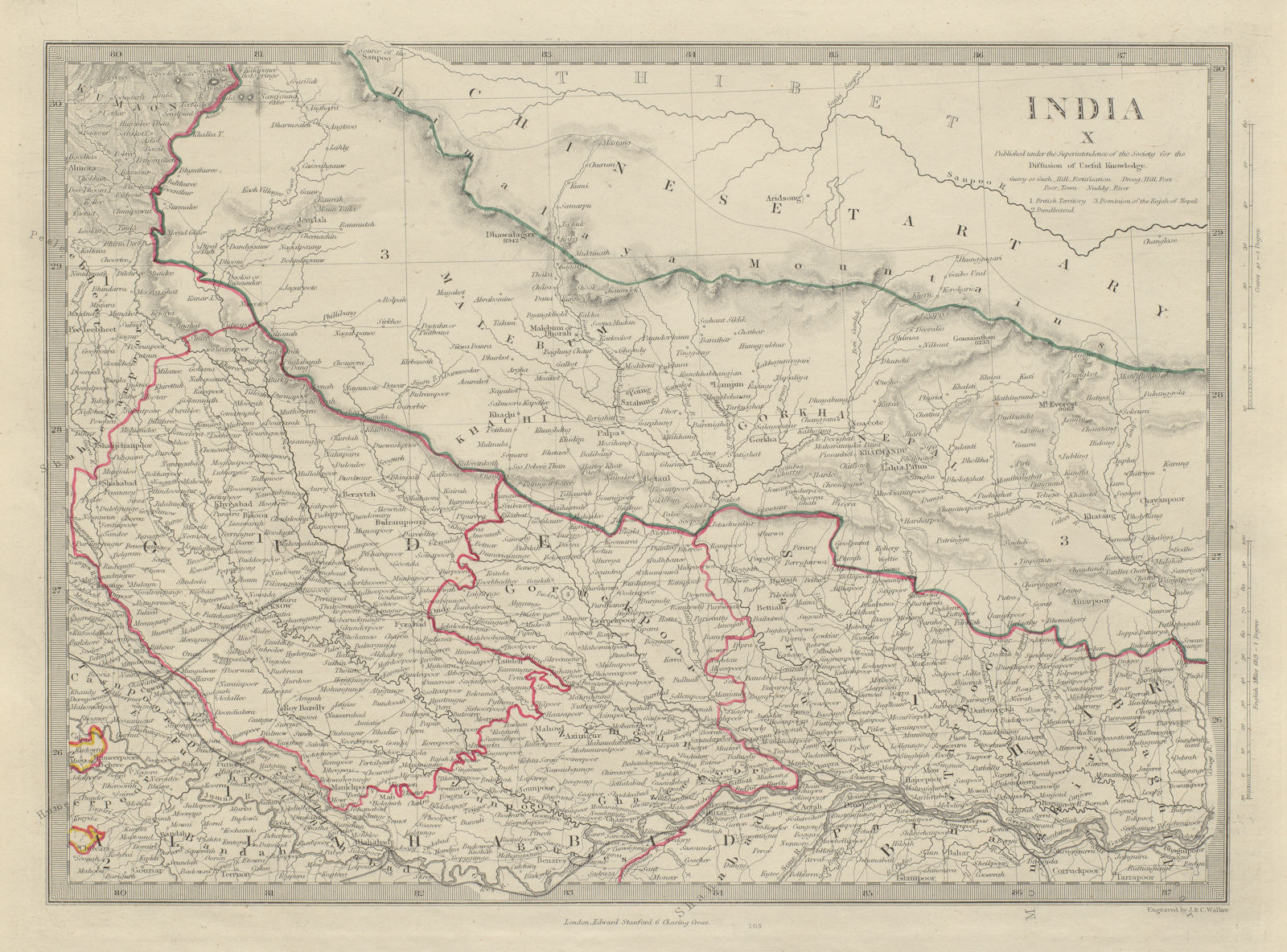 NEPAL & NORTHERN INDIA. Uttar Pradesh Bihar. Oude/Awadh Allahabad. SDUK 1874 map