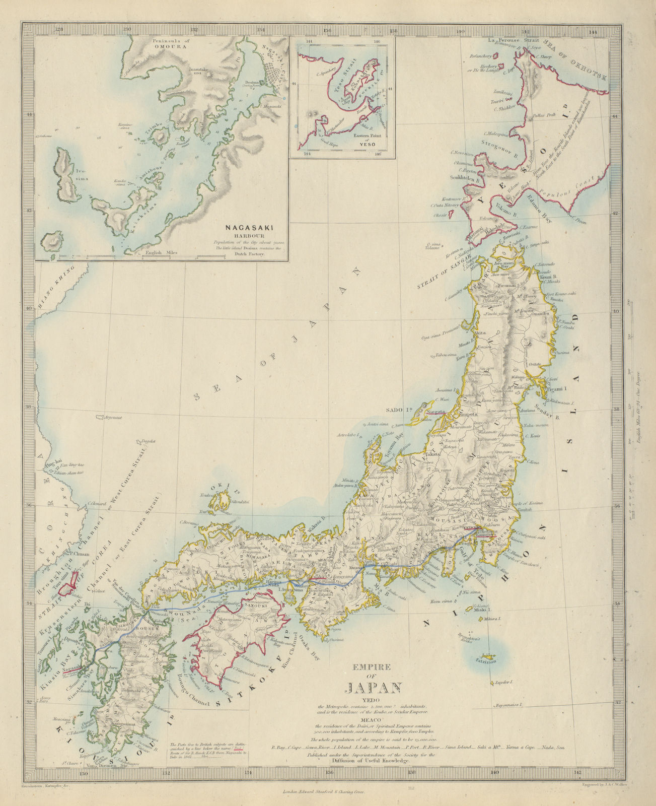 JAPAN. Alcock's route 1861. Inset Nagasaki Harbour. Nippon. SDUK 1874 old map