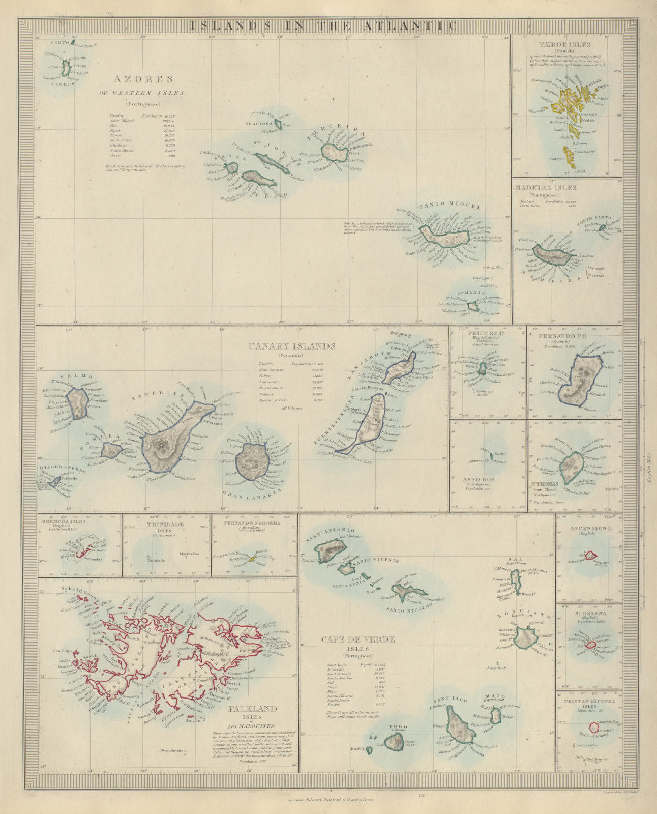 ATLANTIC ISLANDS Azores Cape Verde Madeira Canary Bermuda Falkland SDUK 1874 map