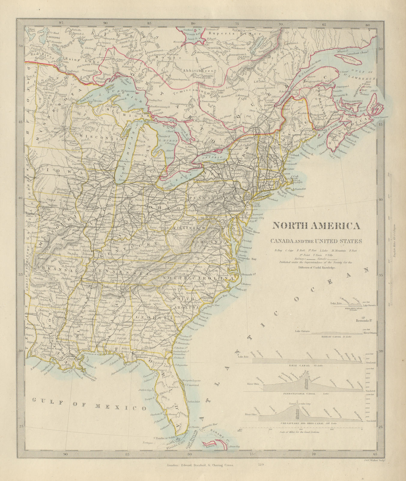 NORTH AMERICA EAST Canada & USA. Canal profiles. Railways. SDUK 1874 old map