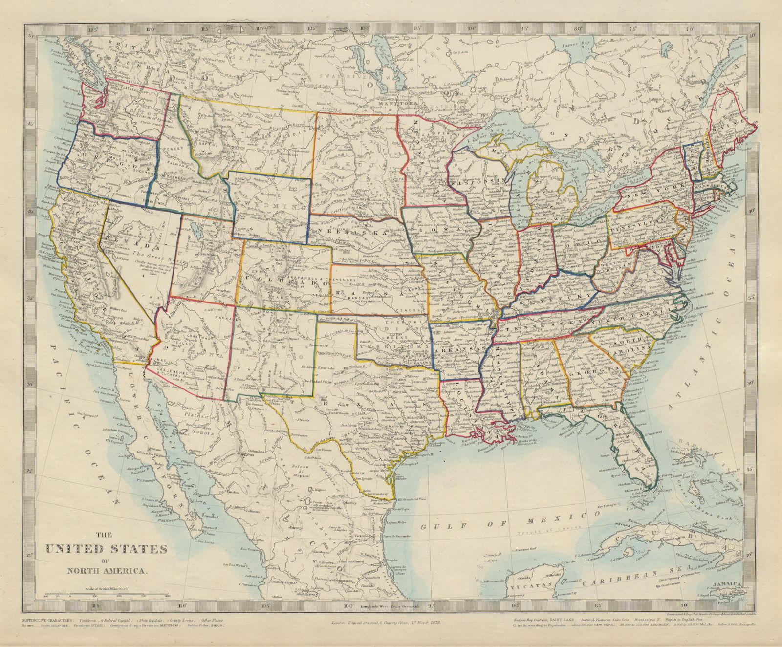 UNITED STATES with 36 states. Dakota & other Territories. SDUK 1874 old map