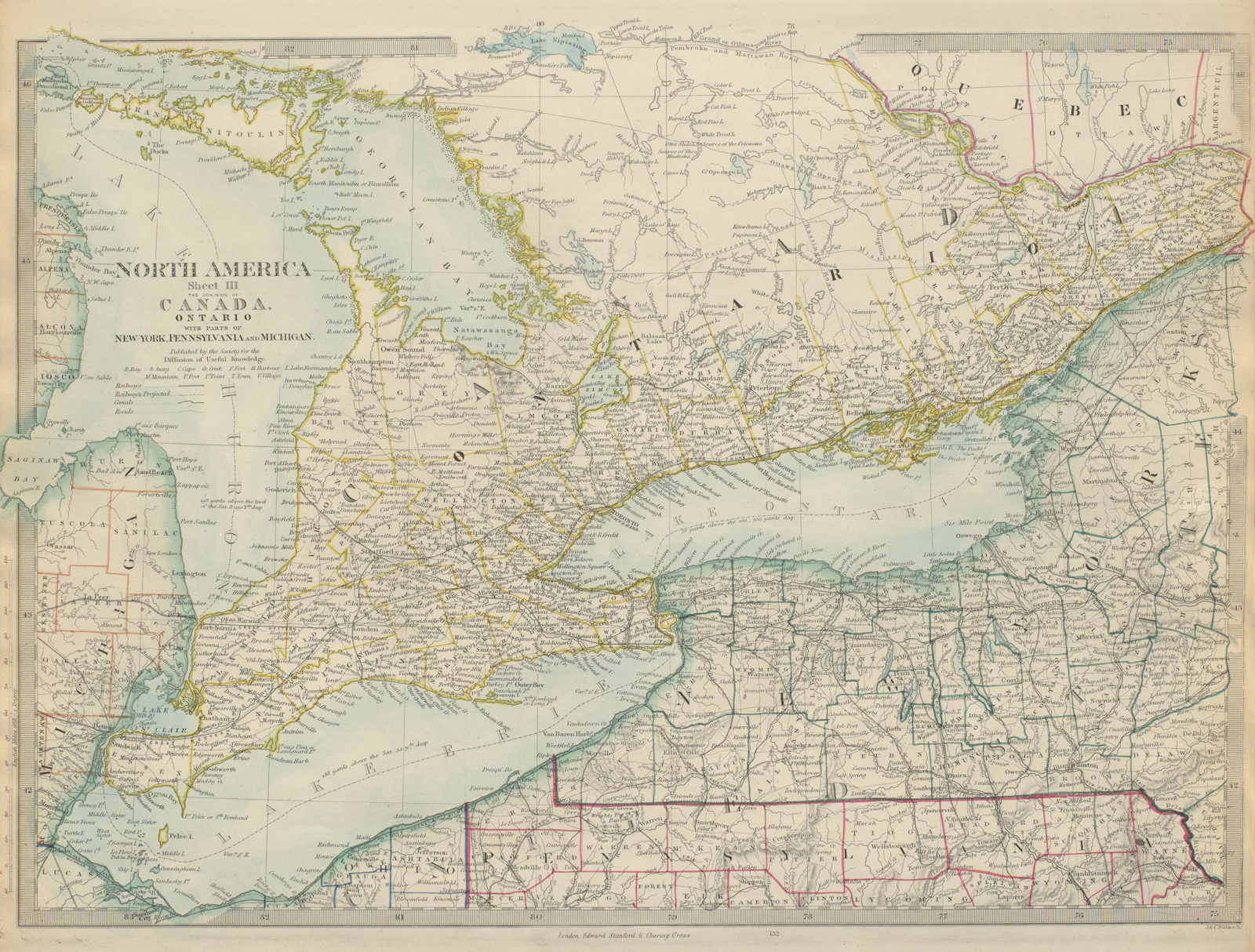 GREAT LAKES & SOUTHERN ONTARIO. Lakes Huron, Erie & Ontario. SDUK 1874 old map