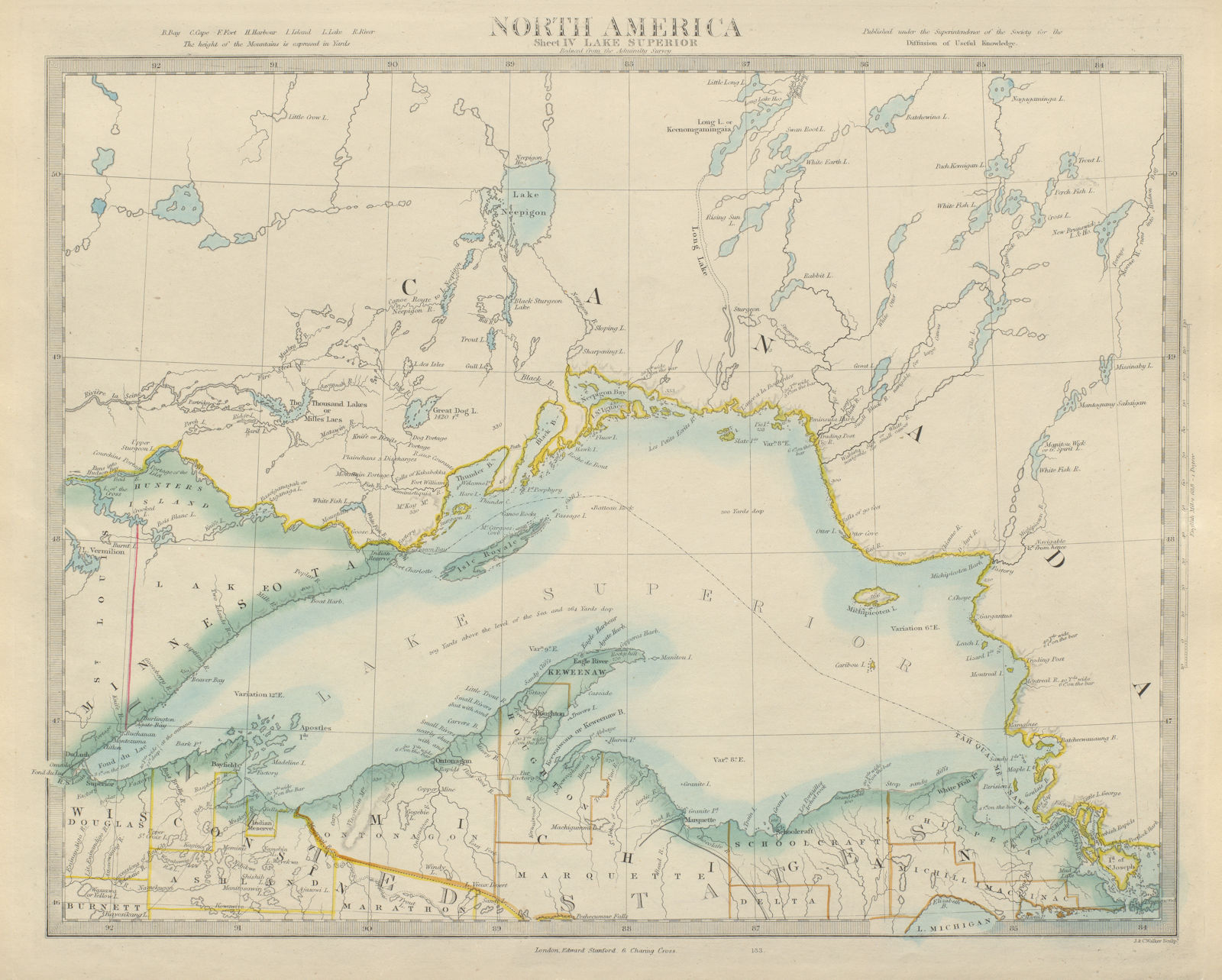 LAKE SUPERIOR Canada USA Ontario Michigan Wisconsin Minnesota SDUK 1874 map