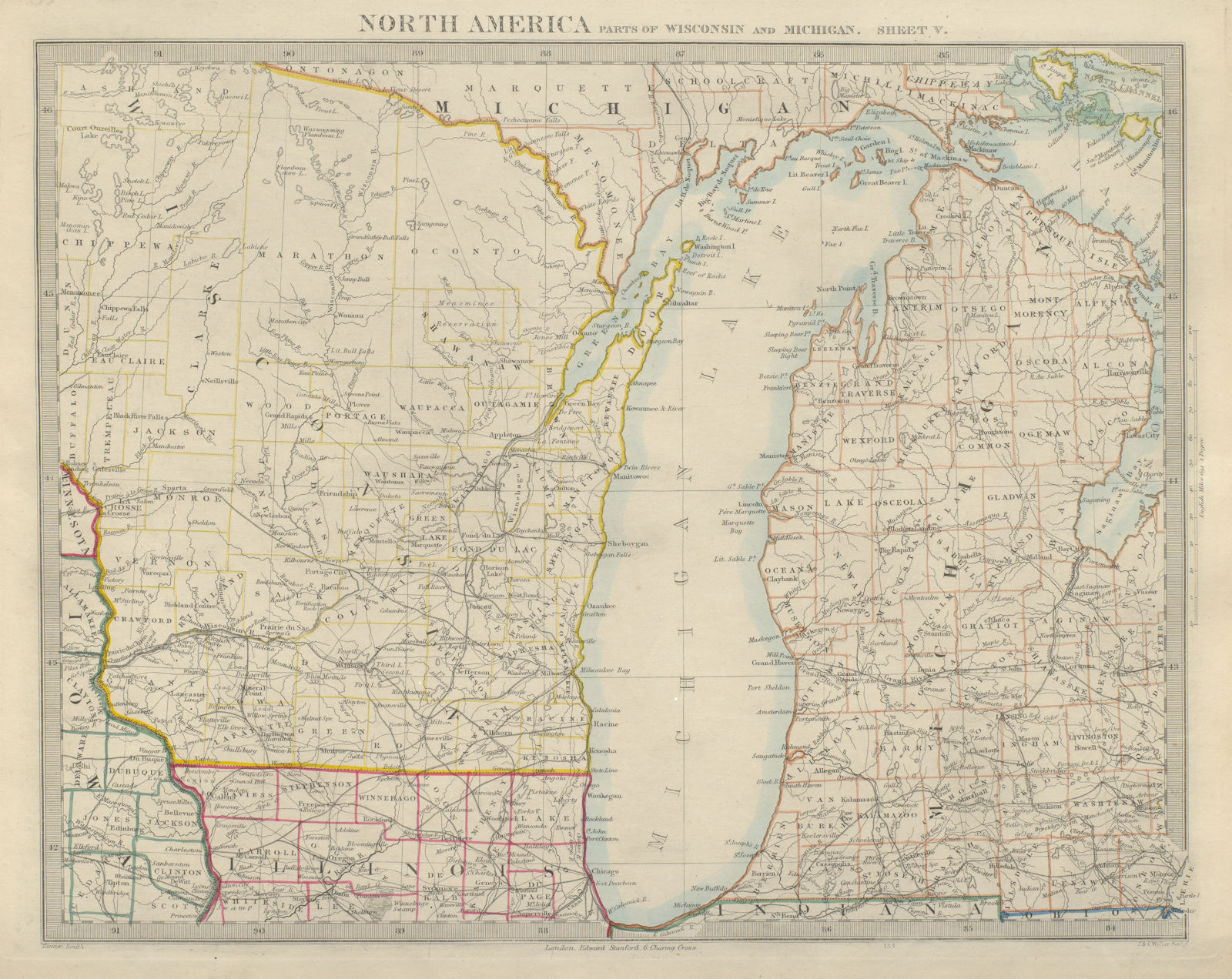 LAKE MICHIGAN. Wisconsin Illinois Chicago. Railways. SDUK 1874 old antique map