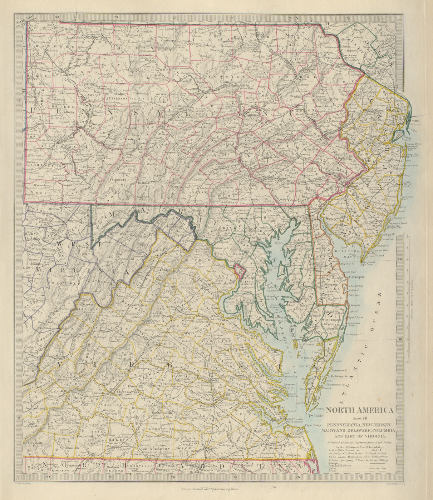 Associate Product USA. Pennsylvania New Jersey Maryland Delaware DC Virginia. SDUK 1874 old map