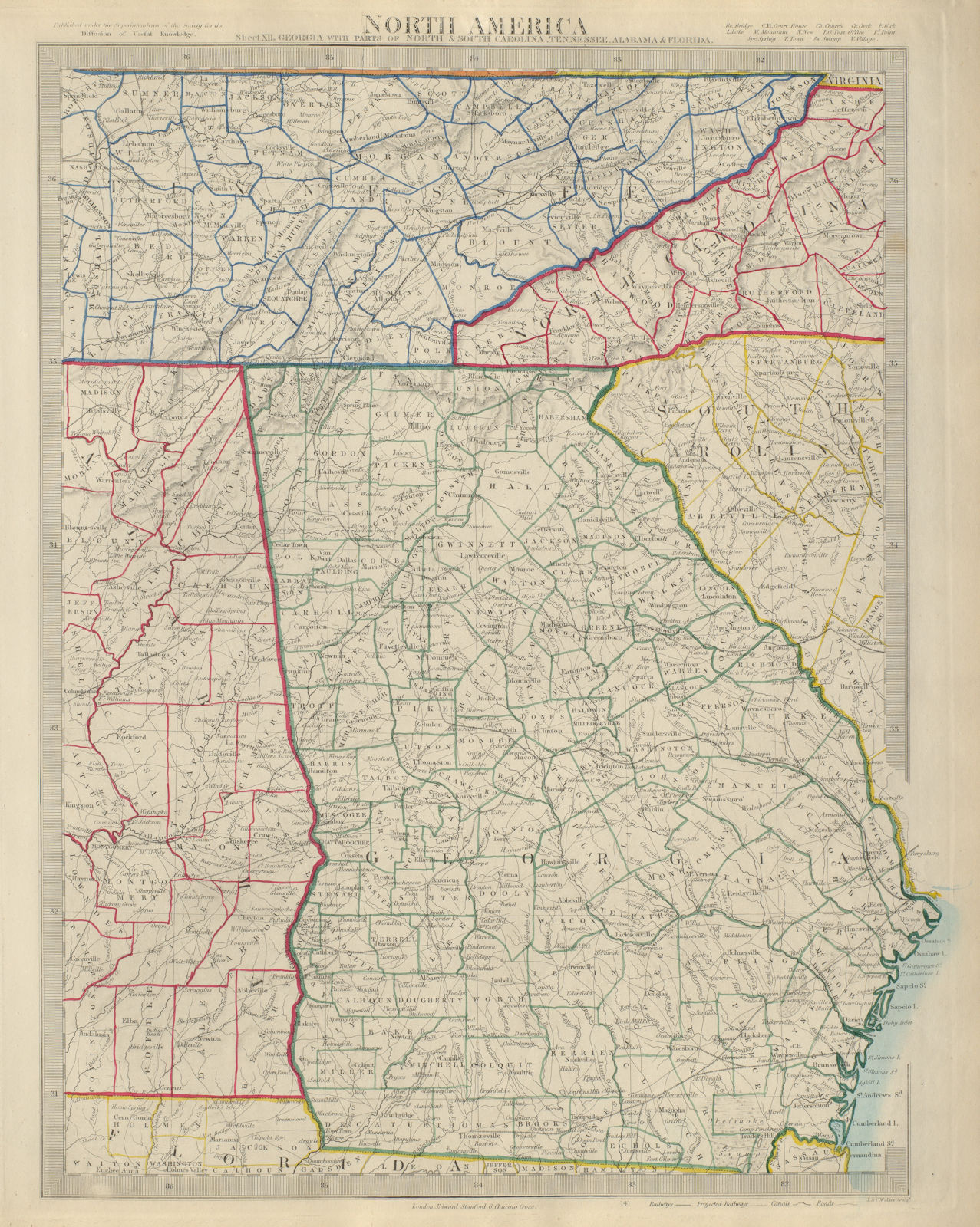 Associate Product GEORGIA, Eastern Alabama & Tennessee, Western Carolinas. SDUK 1874 old map