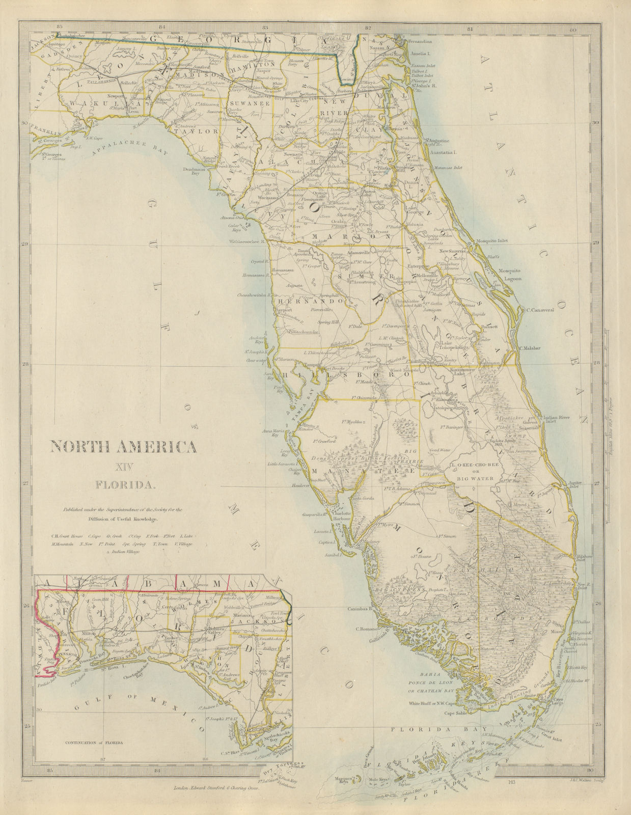 FLORIDA state map showing forts & railways. Miami is marked. SDUK 1874 old