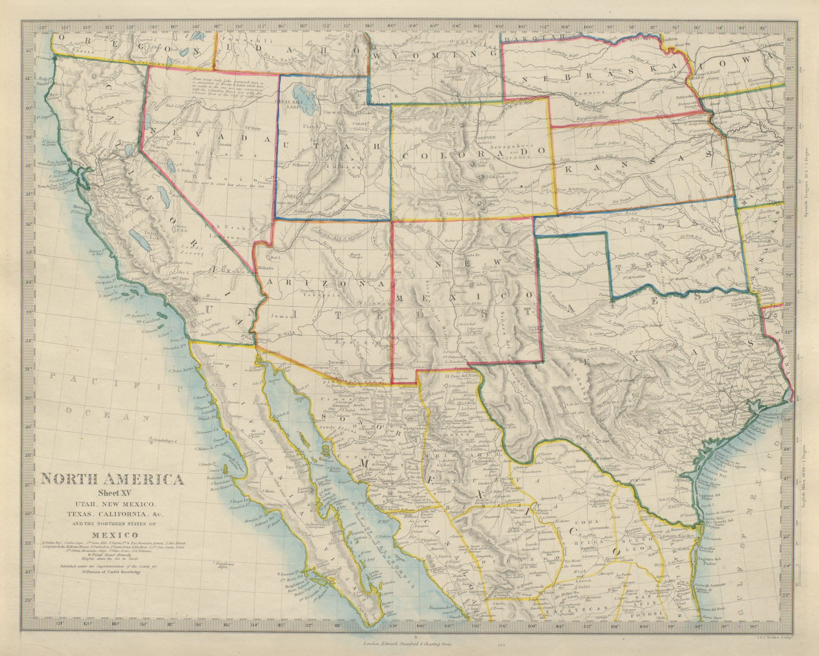 SOUTH WESTERN USA & NORTHERN MEXICO California & Texas SDUK 1874 old map