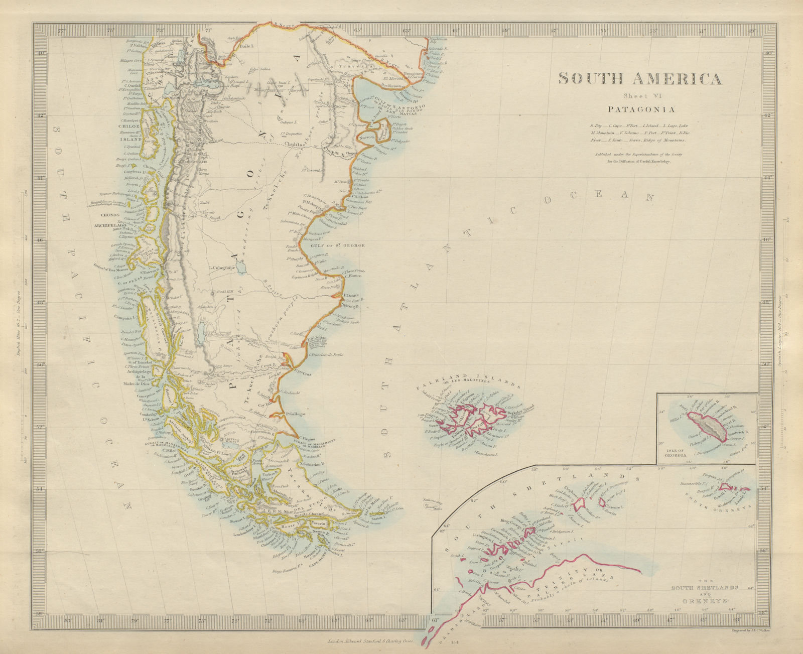 PATAGONIA Argentina Chile Tierra del Fuego Falklands South Georgia SDUK 1874 map