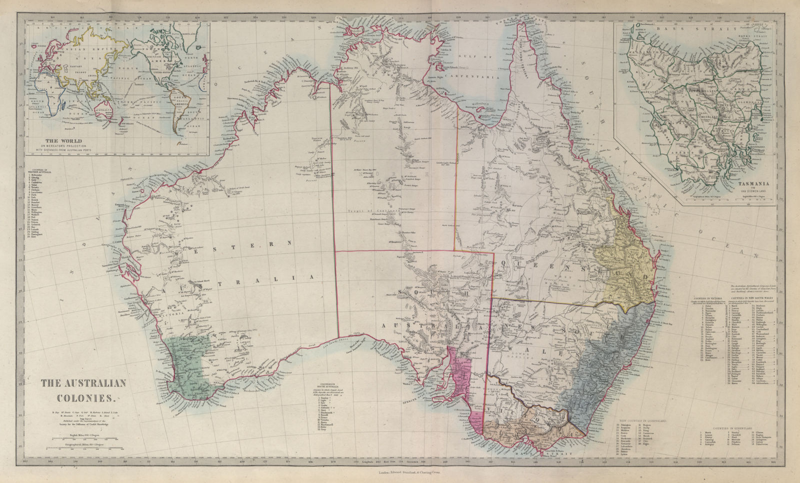 THE AUSTRALIAN COLONIES showing counties. Double page. SDUK 1874 old map