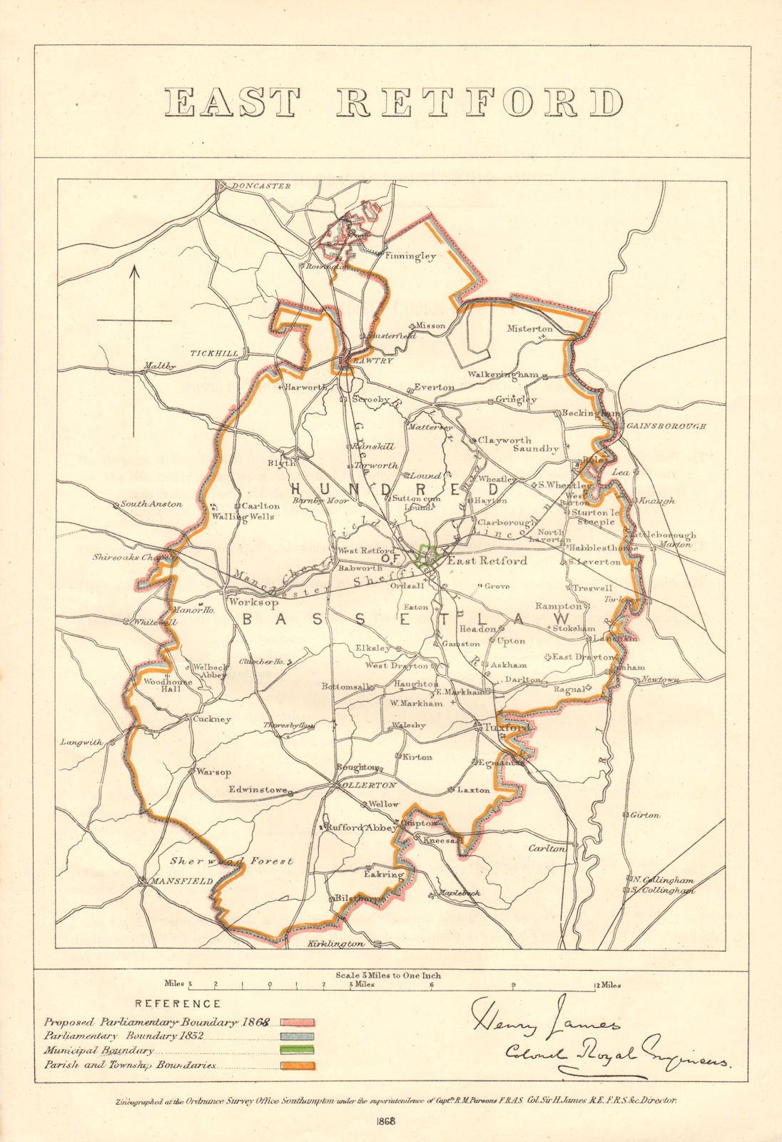 East Retford. JAMES. PARLIAMENTARY BOUNDARY COMMISSION 1868 old antique map