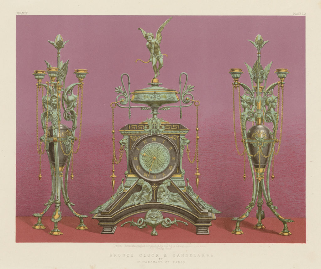 INTERNATIONAL EXHIBITION. Bronze clock & candelabra. M Marchand, Paris 1862
