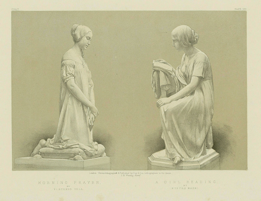 INTERNATIONAL EXHIBITION. Prayer girl reading Vincenzo Vela Pietro Magni 1862