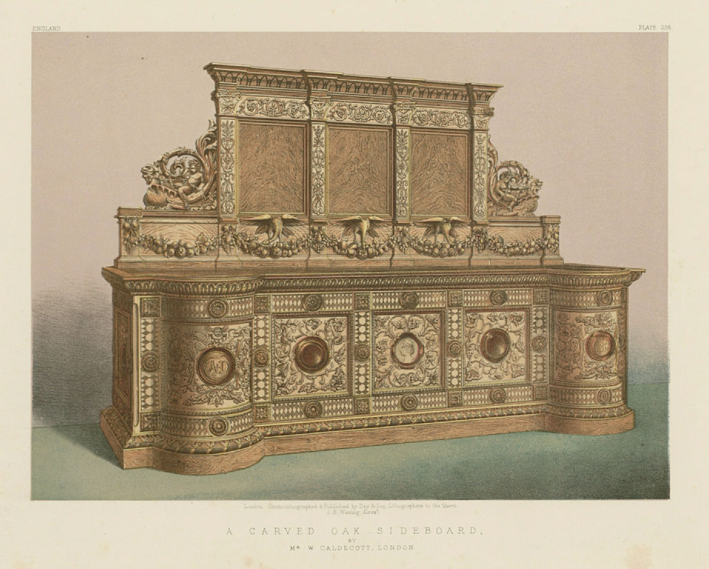 Associate Product INTERNATIONAL EXHIBITION. A carved oak sideboard. W Caldecott, London 1862