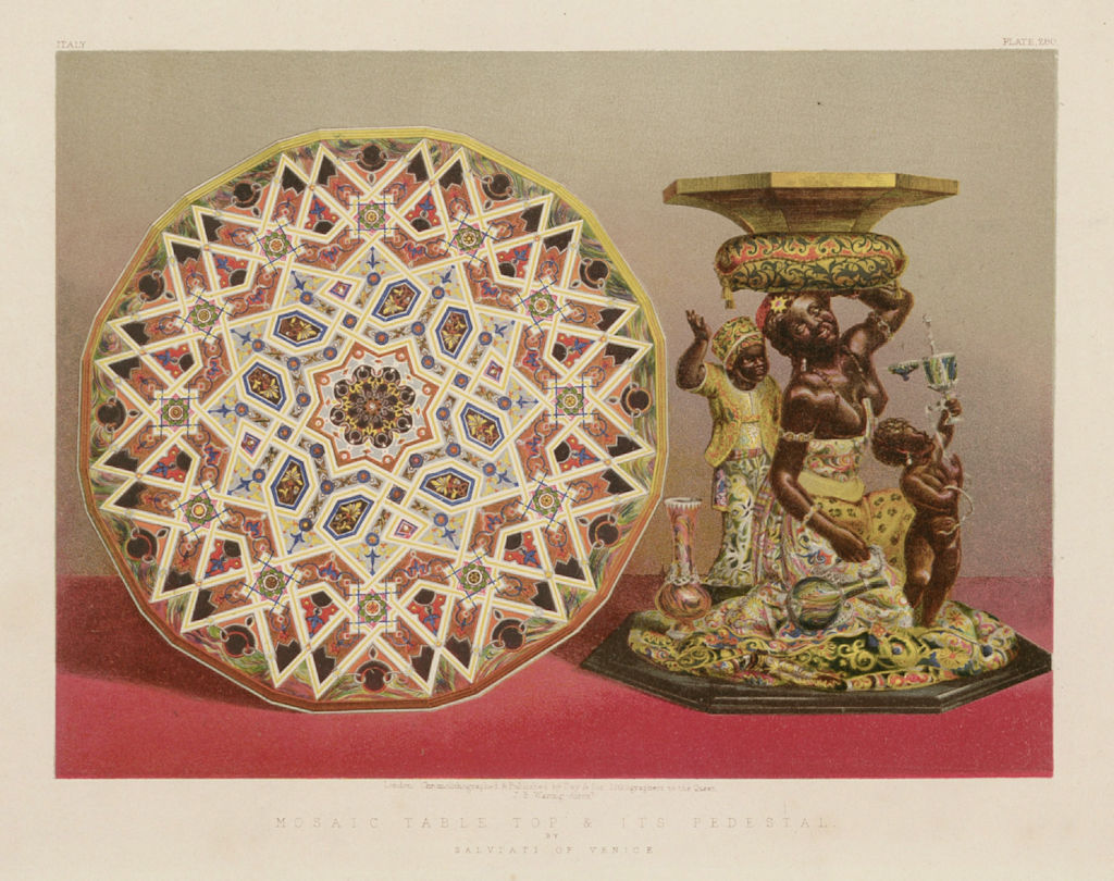 INTERNATIONAL EXHIBITION. Mosaic table top & pedestal. Salviati, Venice 1862