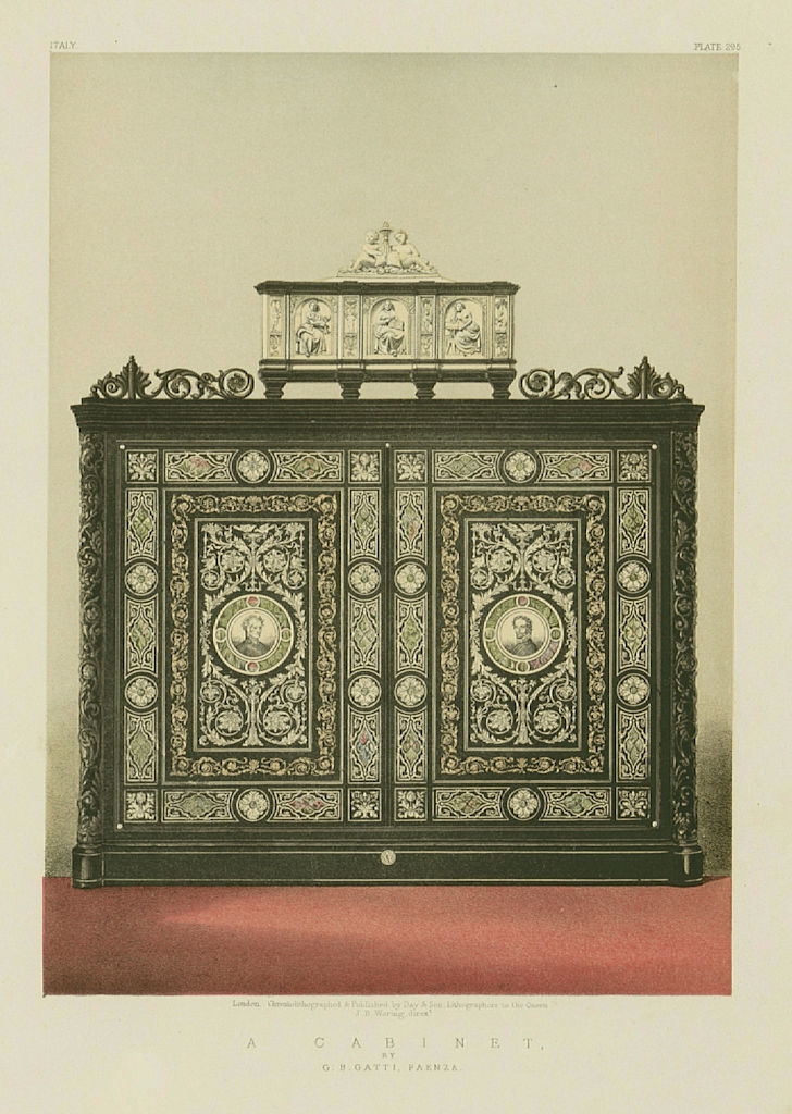 INTERNATIONAL EXHIBITION. A cabinet - G B Gatti, Faenza 1862 old antique print