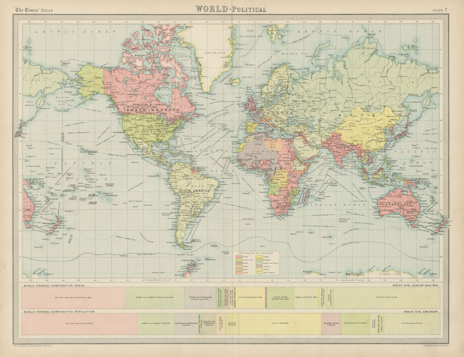 World - Political & colonial. British Empire. French Portuguese. TIMES 1922 map