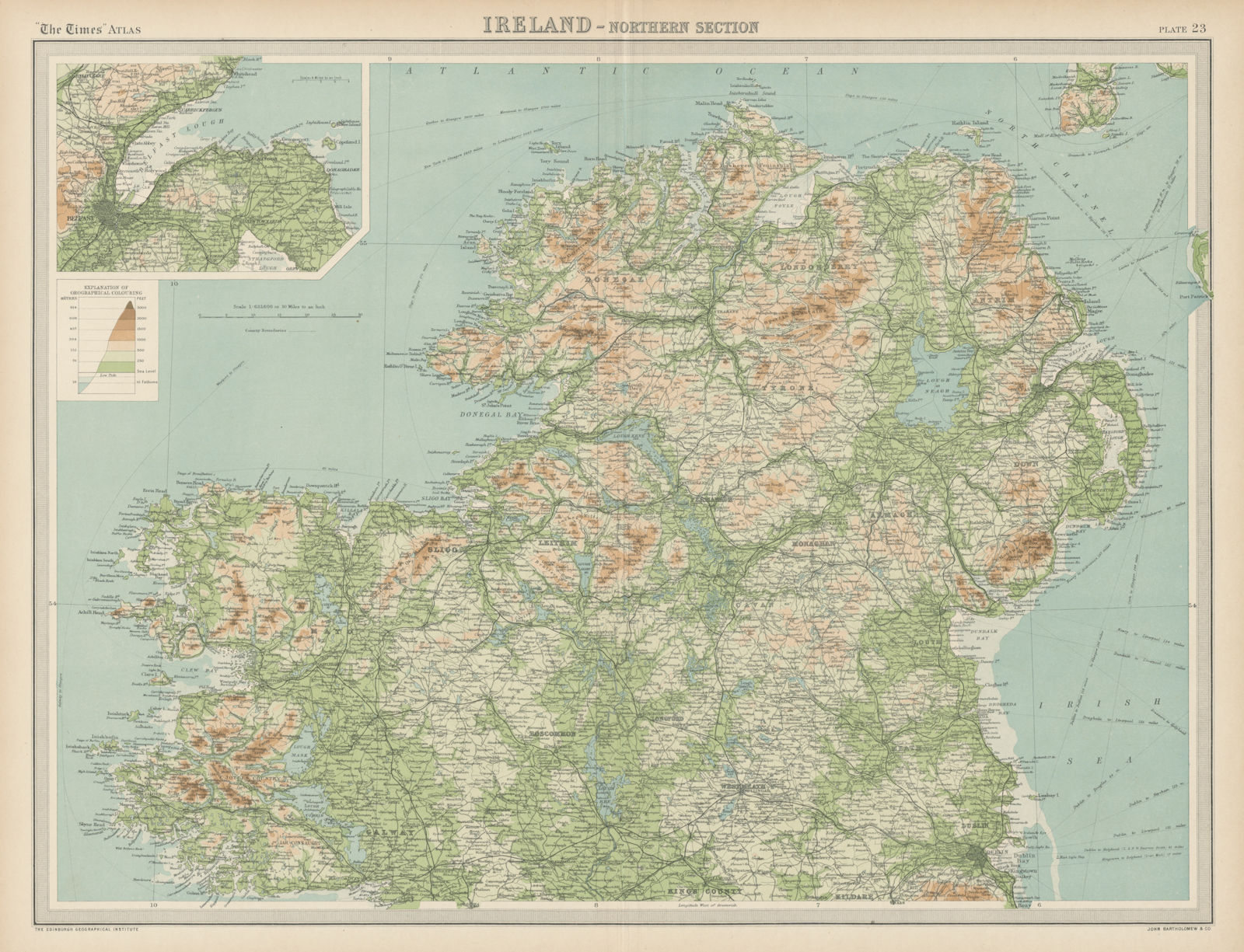 Associate Product Ireland - northern section. Ulster. Relief & railways. THE TIMES 1922 old map