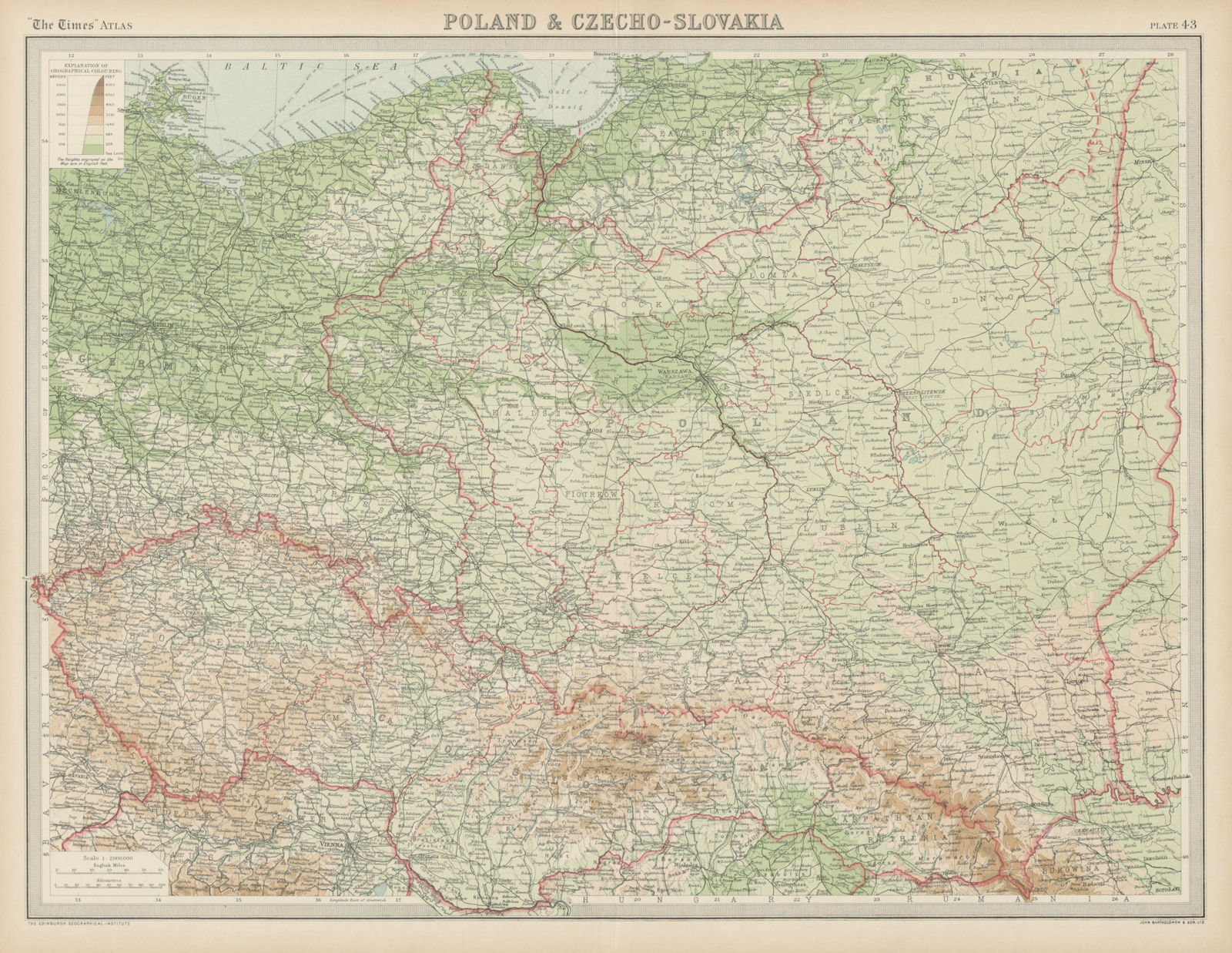Poland. Czechoslovakia w/ Carpathian Ruthenia. Eastern Germany. TIMES 1922 map