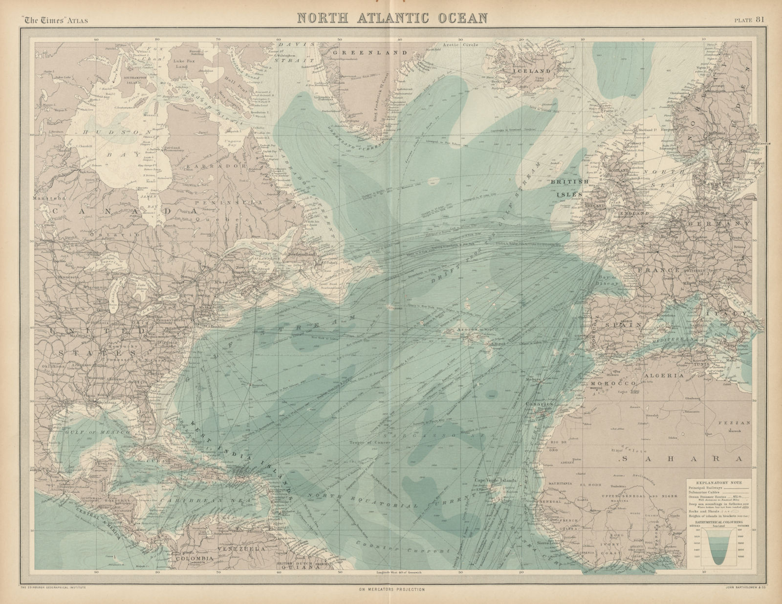 Associate Product North Atlantic Ocean. Shipping routes & currents. Depths. THE TIMES 1922 map