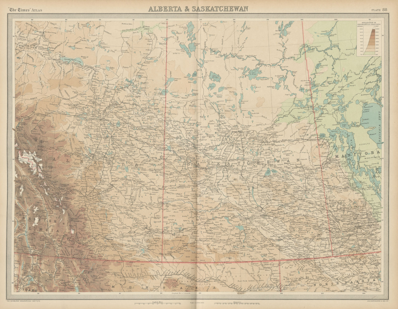 Associate Product Central Canada. Alberta & Saskatchewan. Relief. THE TIMES 1922 old vintage map