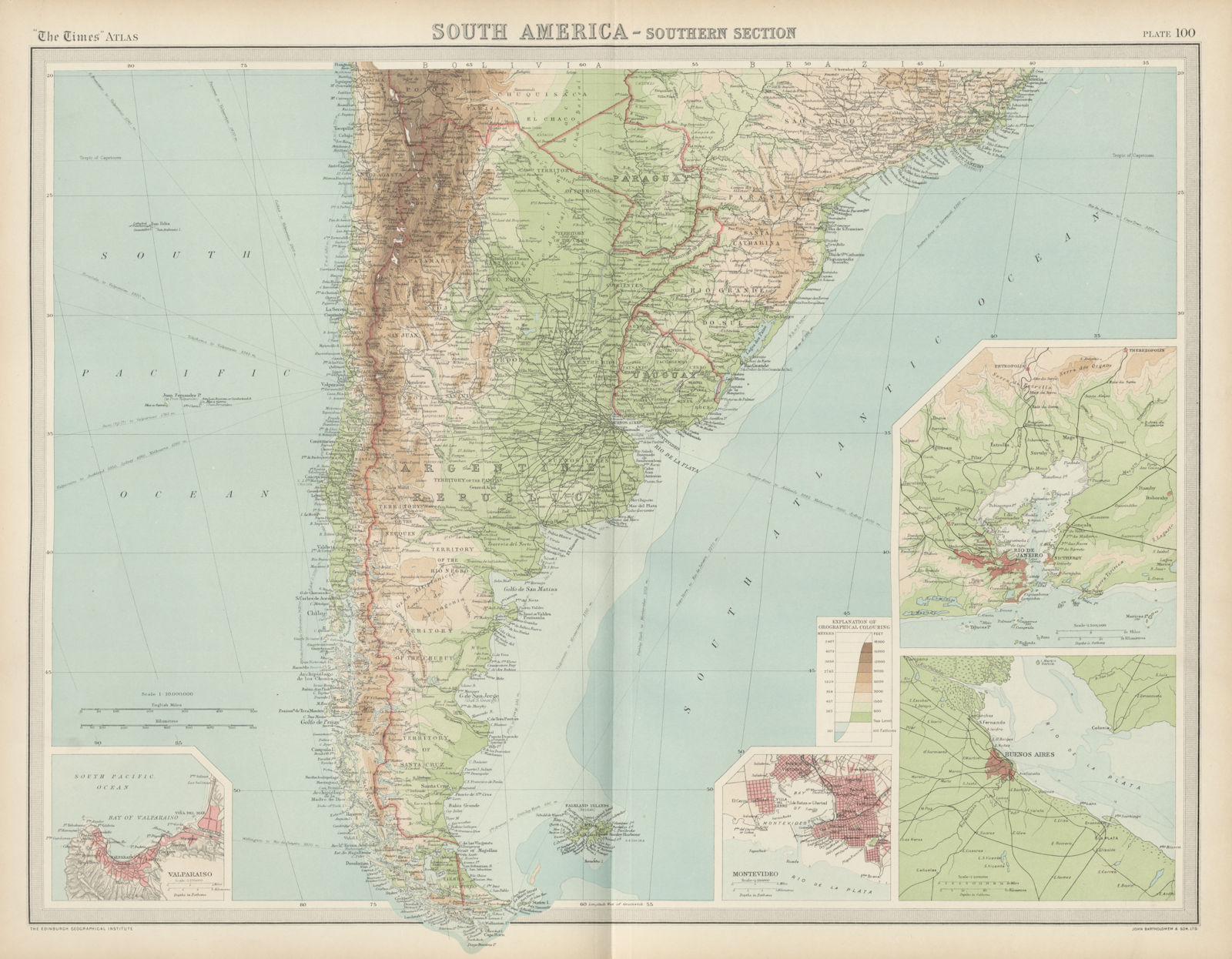 Associate Product Southern South America. Patagonia. Montevideo Valparaiso. TIMES 1922 old map