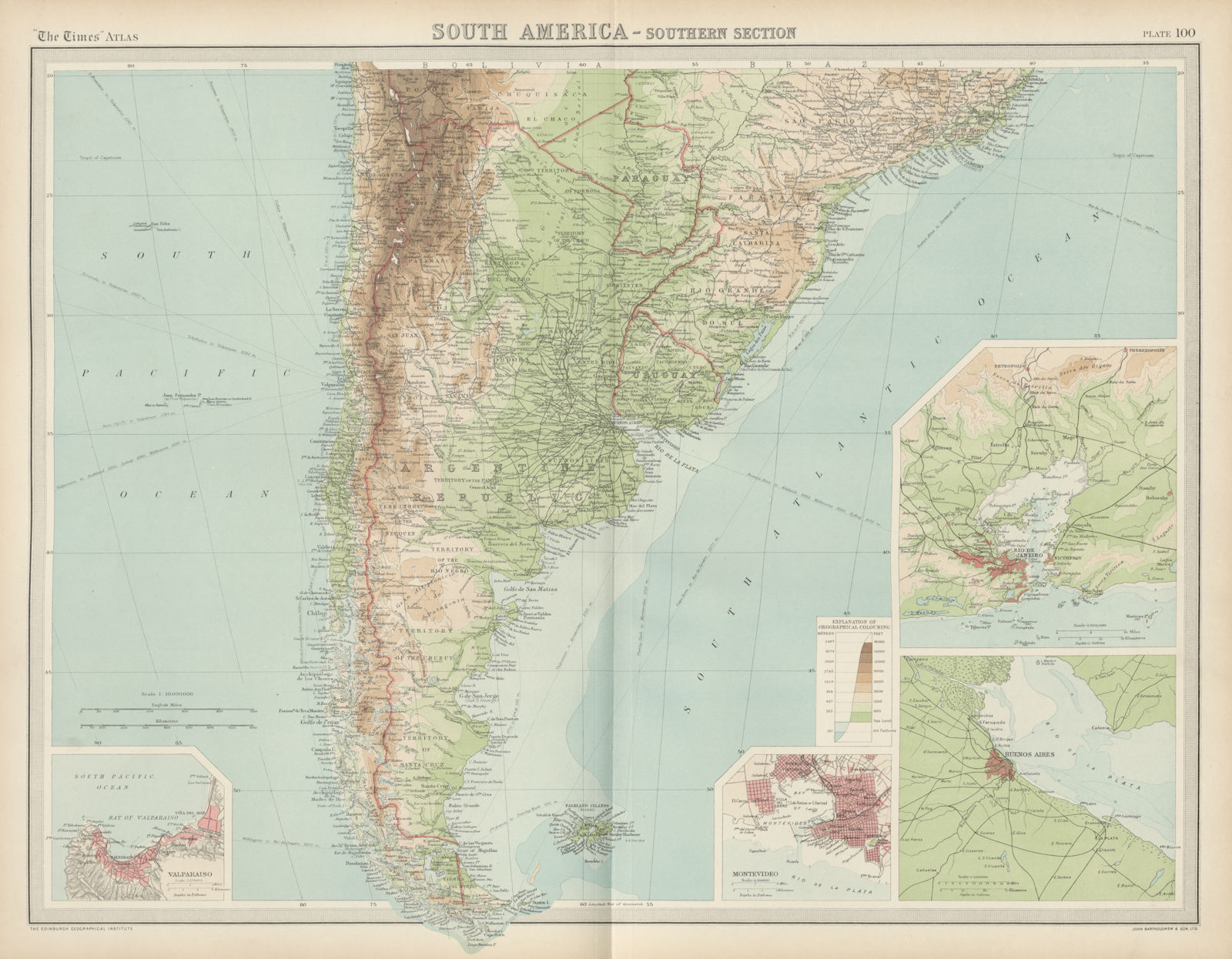 Southern South America. Patagonia. Montevideo Valparaiso. TIMES 1922 old map