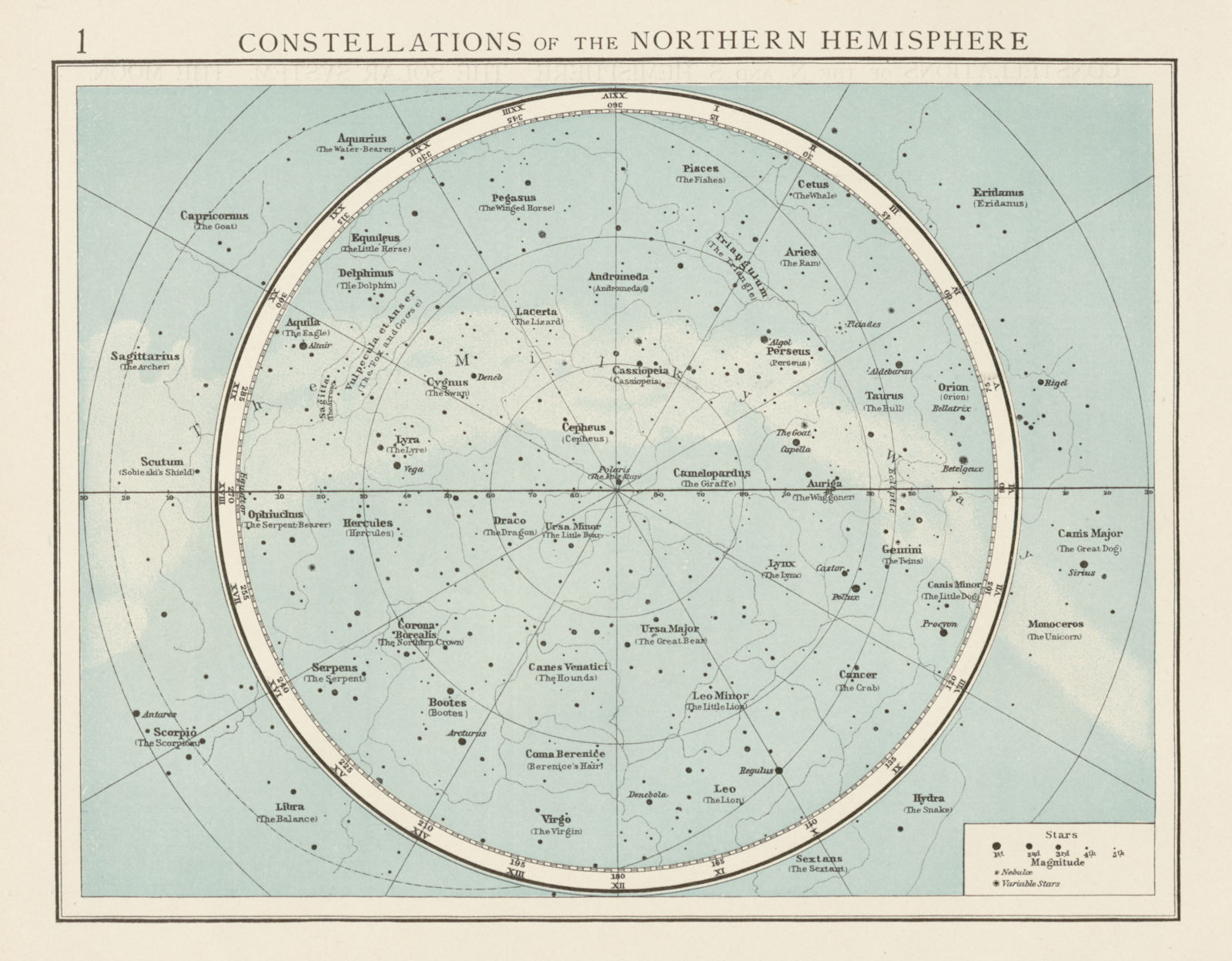 Northern Hemisphere constellation. Night sky. Star chart. THE TIMES 1900 map