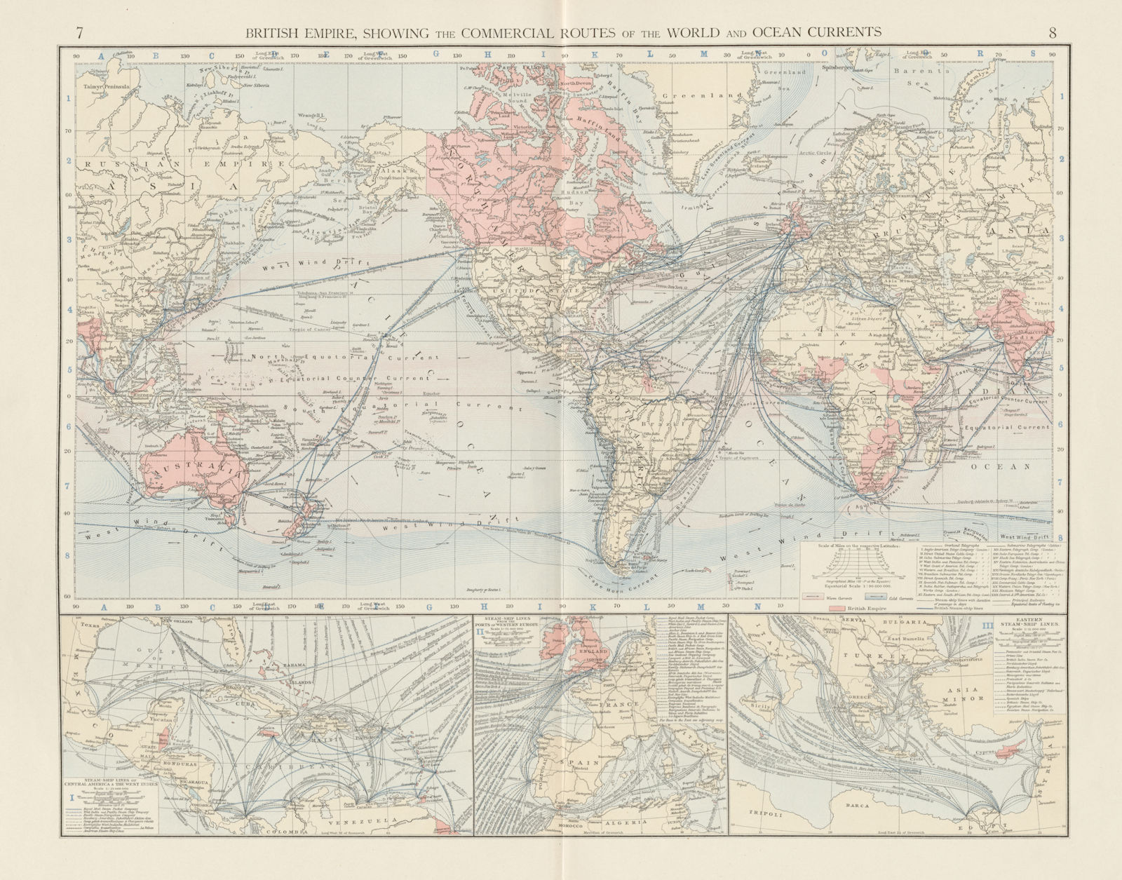 British Empire. Trade routes. Ocean currents. World. THE TIMES 1900 old map