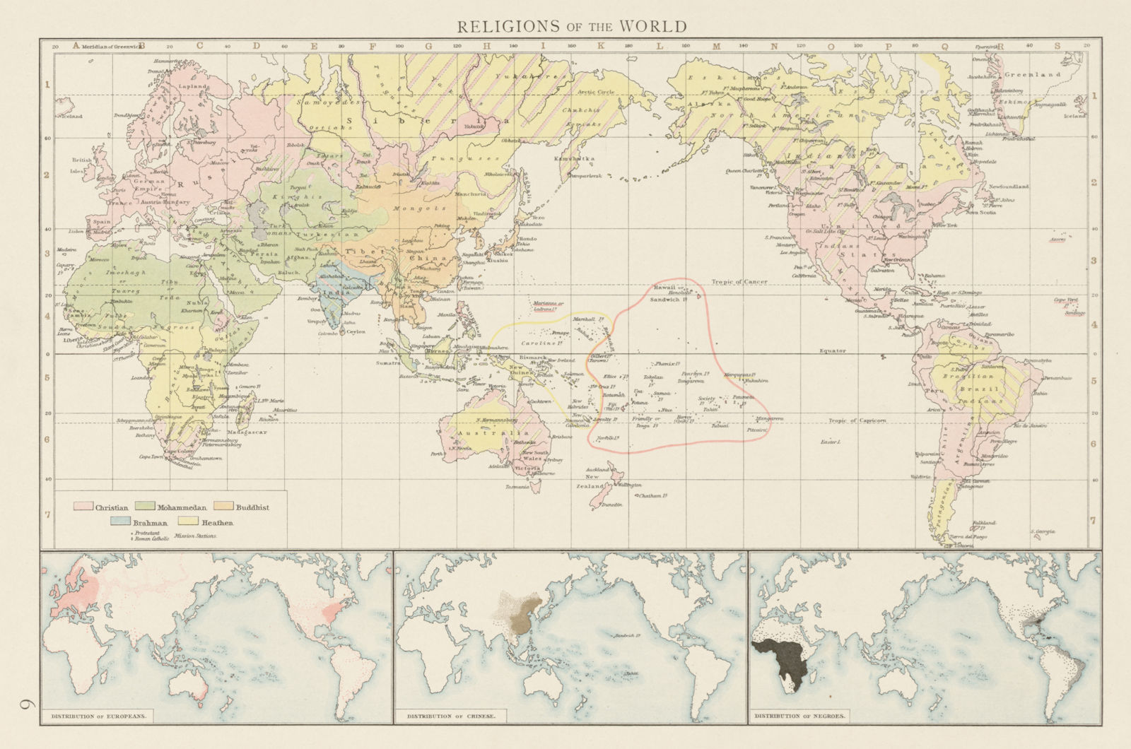 Religions of the world. Christian Islam Buddhist Heathen Hindu. TIMES 1900 map