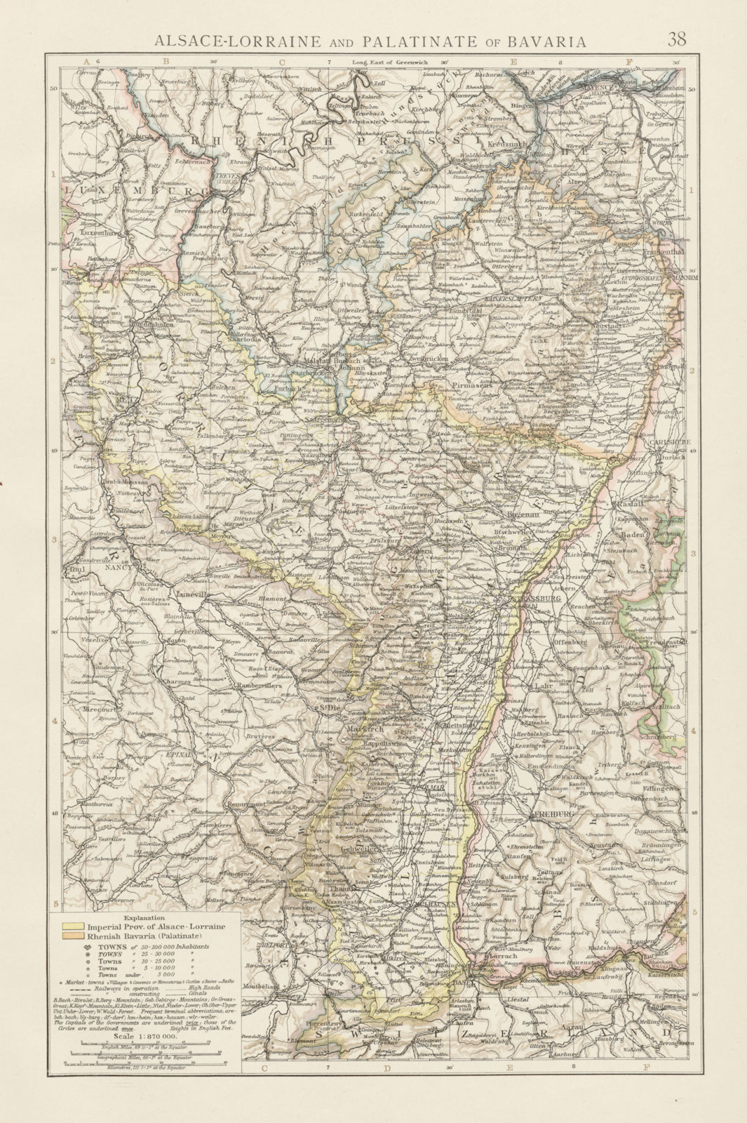 Associate Product Rhine valley. Alsace-Lorraine & Palatinate of Bavaria. Rhineland. TIMES 1900 map