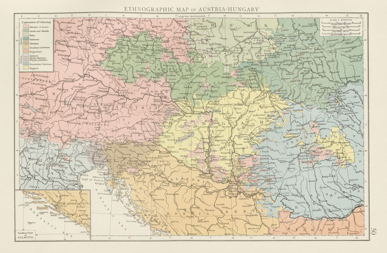 Austria-Hungary Ethnographic map. Magyars Germans Slovenes &c TIMES 1900