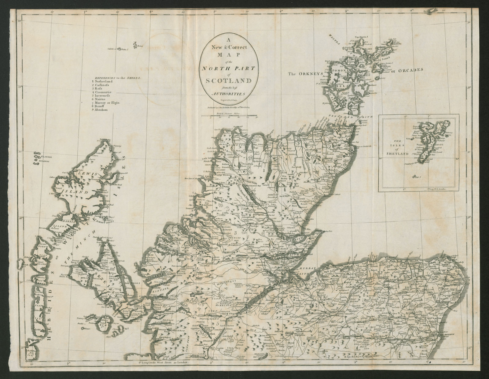 "A new & correct map of the North part of Scotland…" by John CARY 1805 old